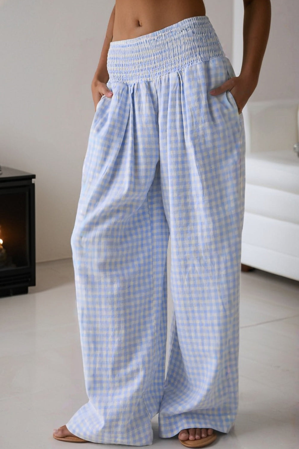 Plaid Print Smocked High Waist Loose Trousers - eAura