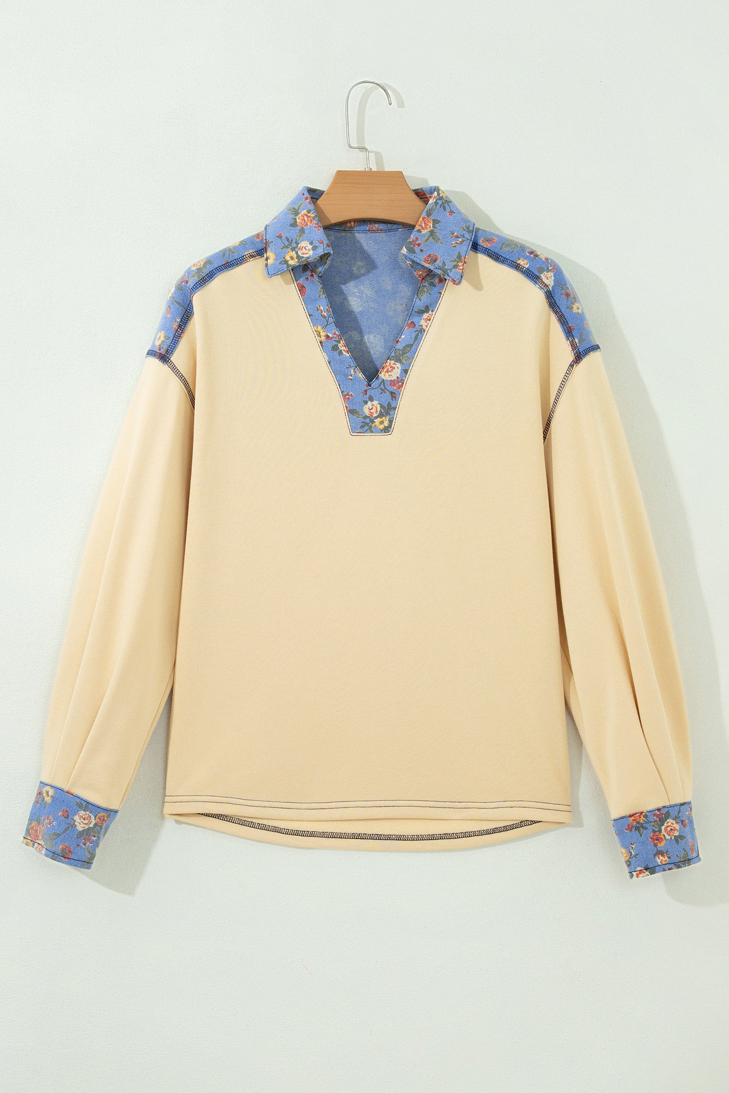 Floral Denim Patchwork Collar V Neck Long Sleeve Pullover Top – Apricot
