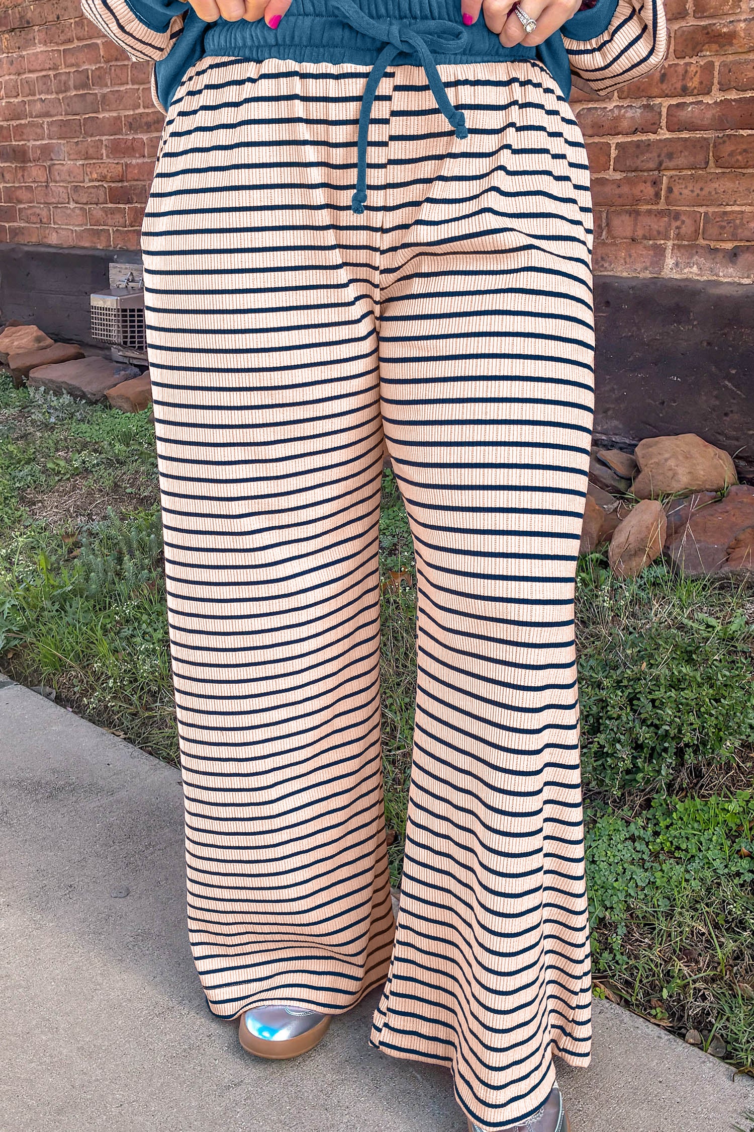 Striped Colorblock V Neck Long Sleeve Plus Size Set – Pink Stripe