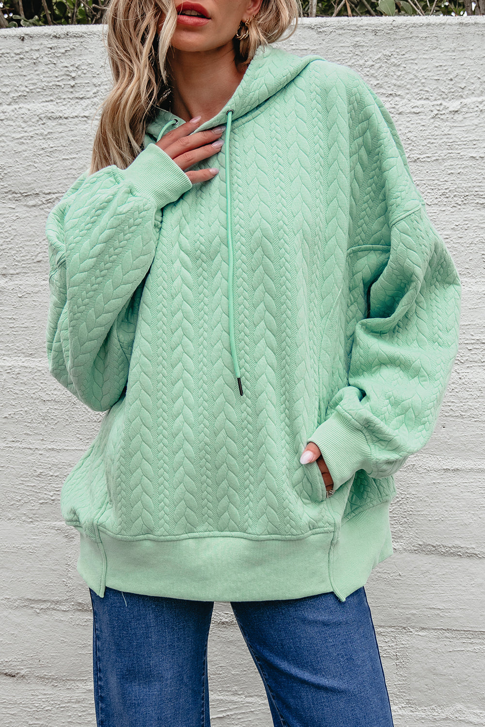 Cable Textured Baggy Hoodie - Green / S - Tops/Sweatshirts & Hoodies