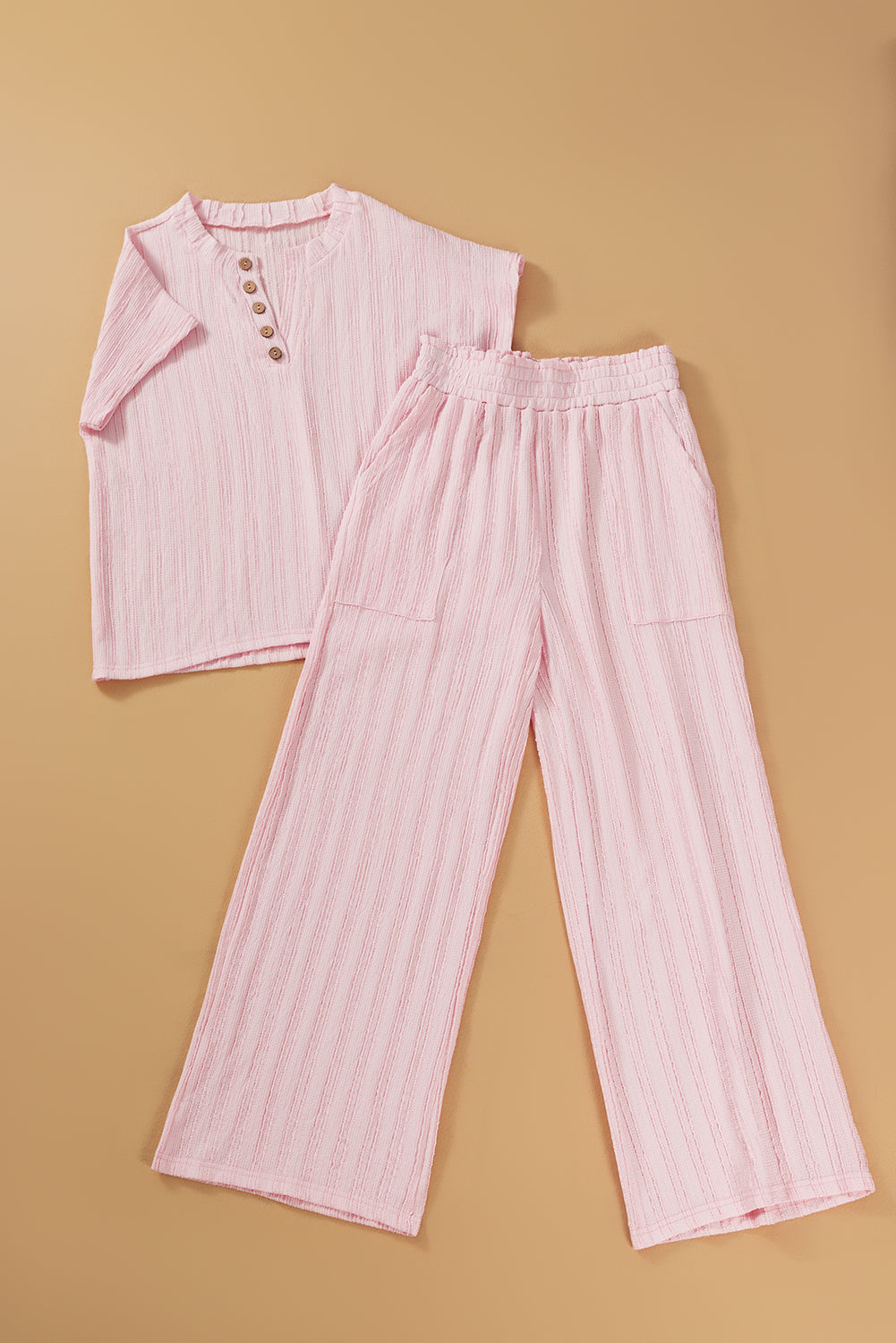 Light Pink Textured Short Sleeve Henley Top and Pocketed Wide Leg Trousers eAura