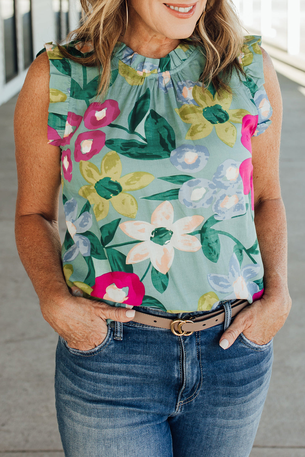 Green Floral Print Ruffle Trim Tank Top eAura