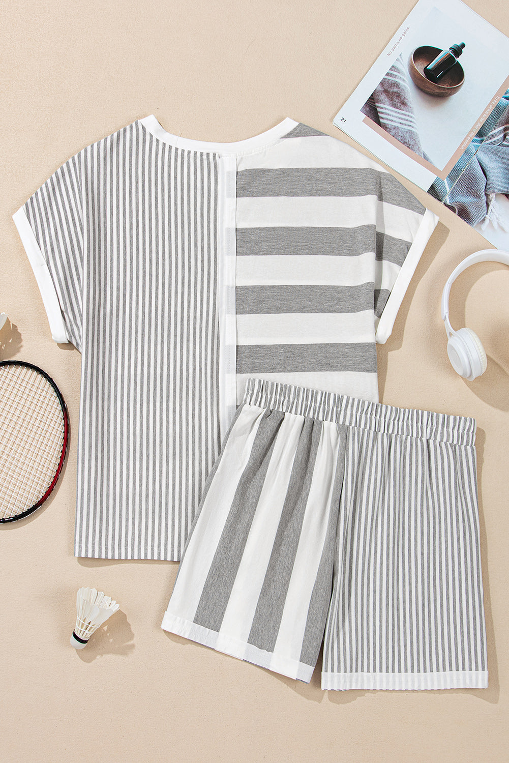 Grey Stripe Mixed Print Short Sleeve Top and Pocketed Shorts Set eAura