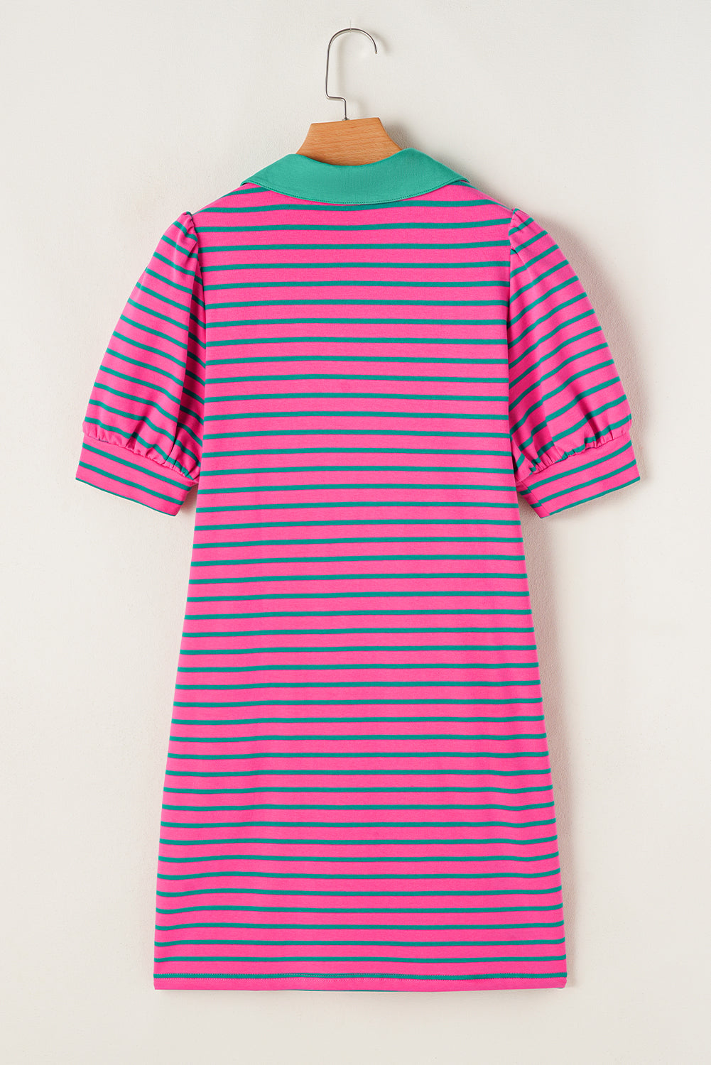 Pink Stripe Collared V Neck Puff Sleeve T Shirt Dress BB Fashion Outlet