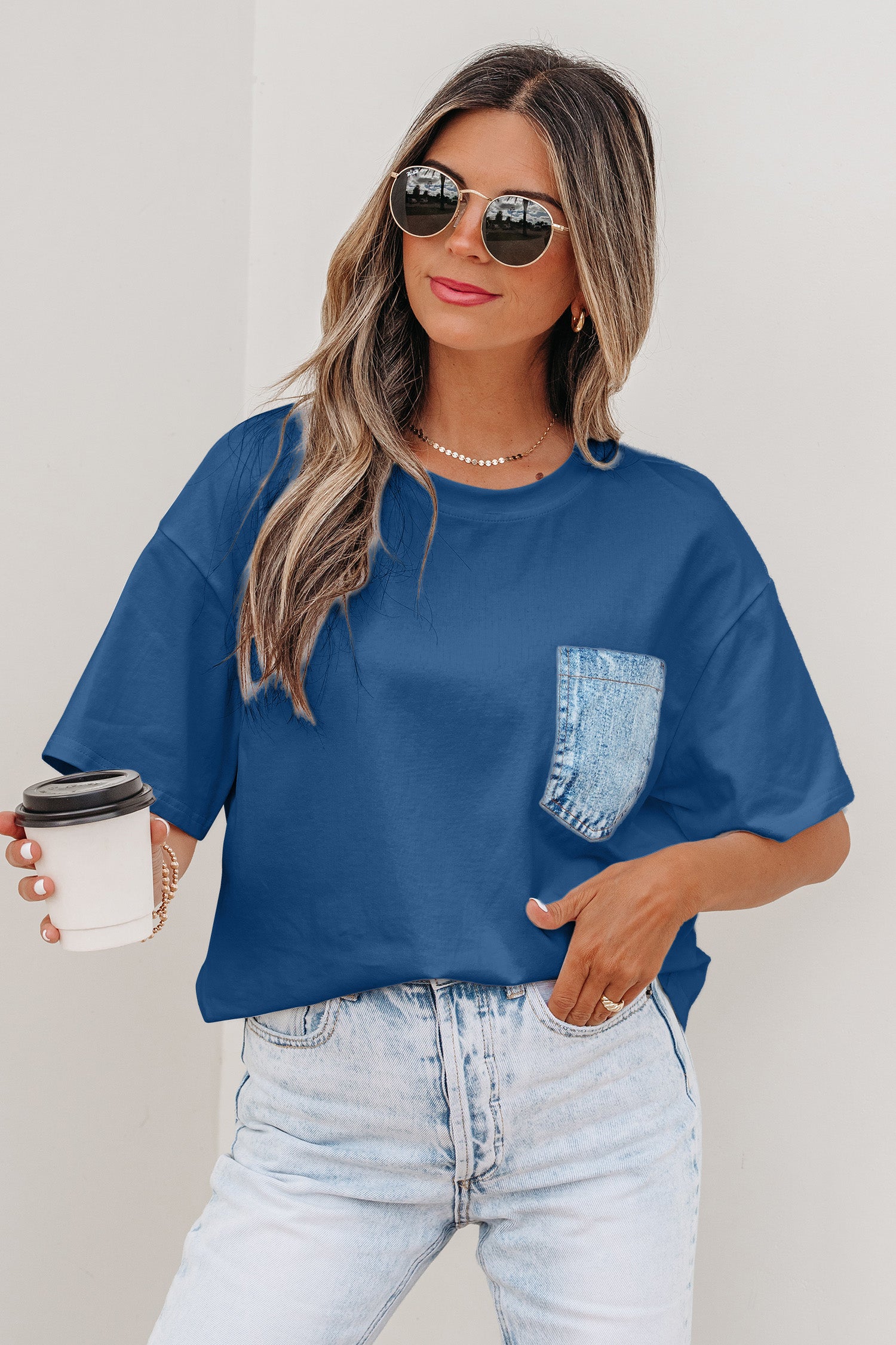 Colour Block Chest Pocket Patched Casual Short Sleeve Top