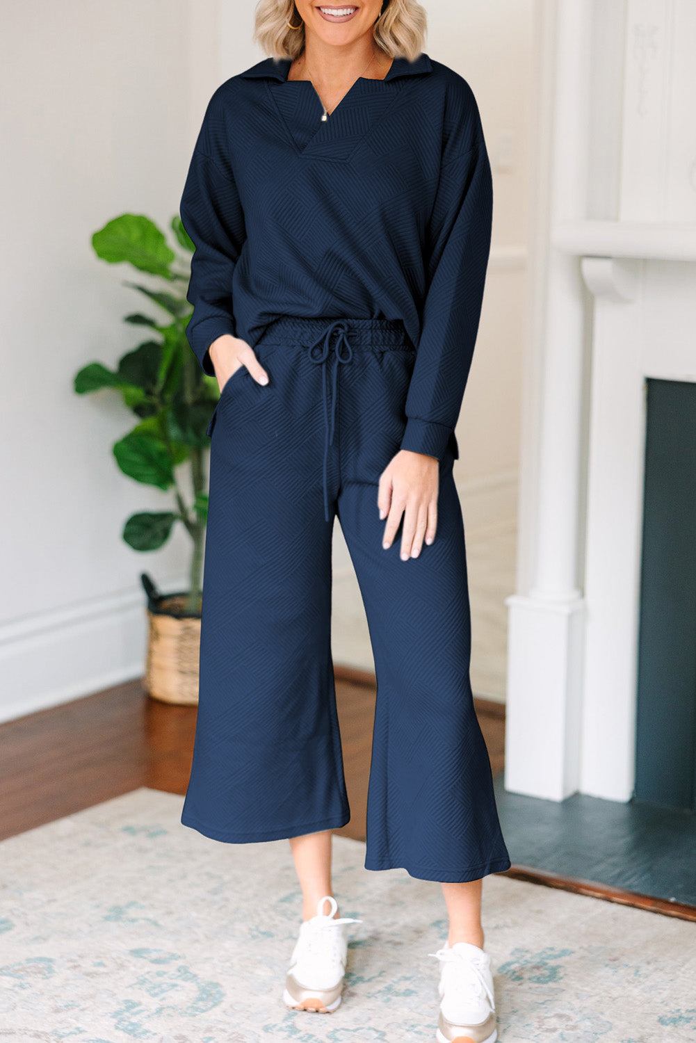 Bonbon Solid Textured Collared V Neck Top and Wide Leg Trousers Set eAura