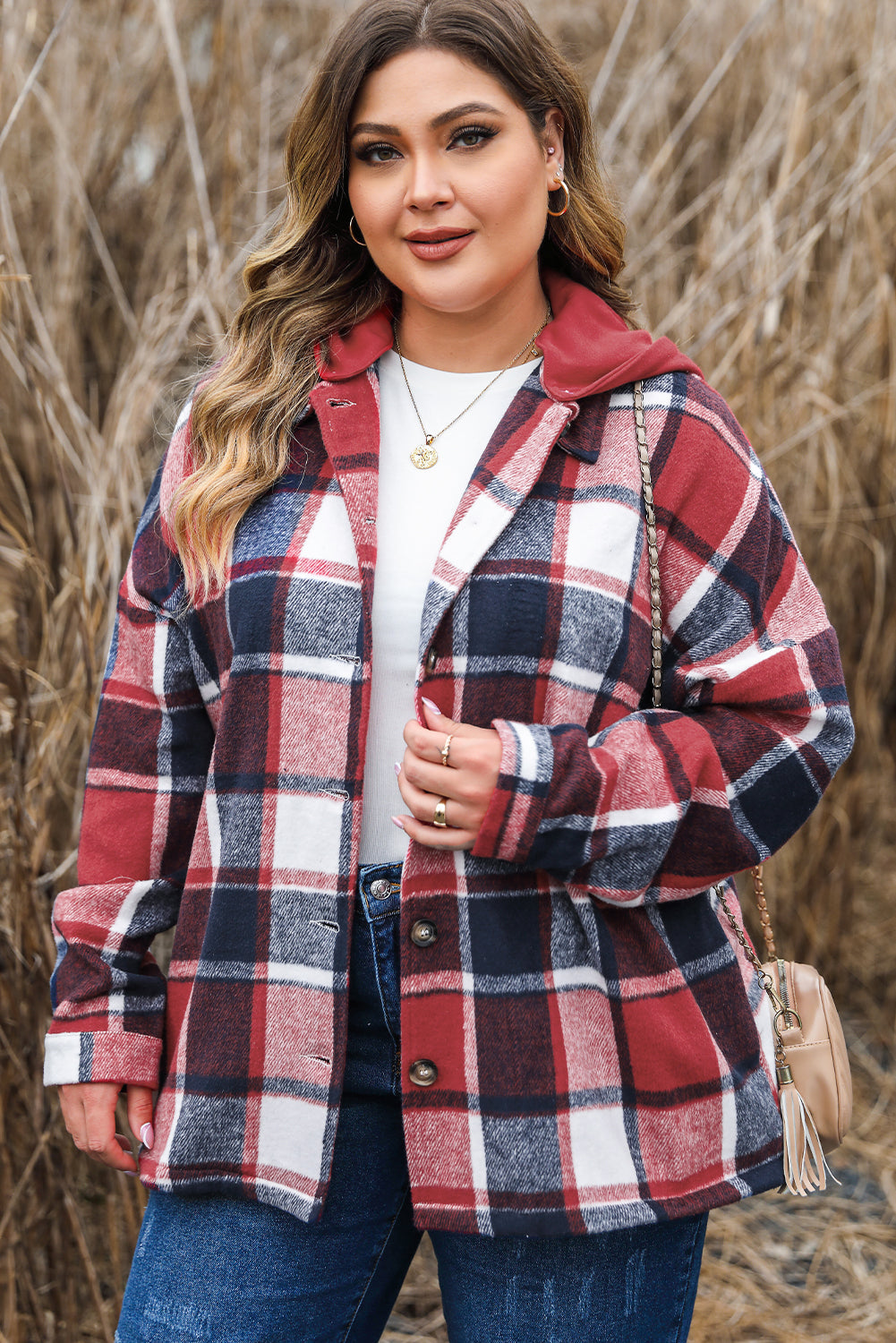Red Printed Plus Size Plaid Button up Hooded Jacket BB Fashion Outlet