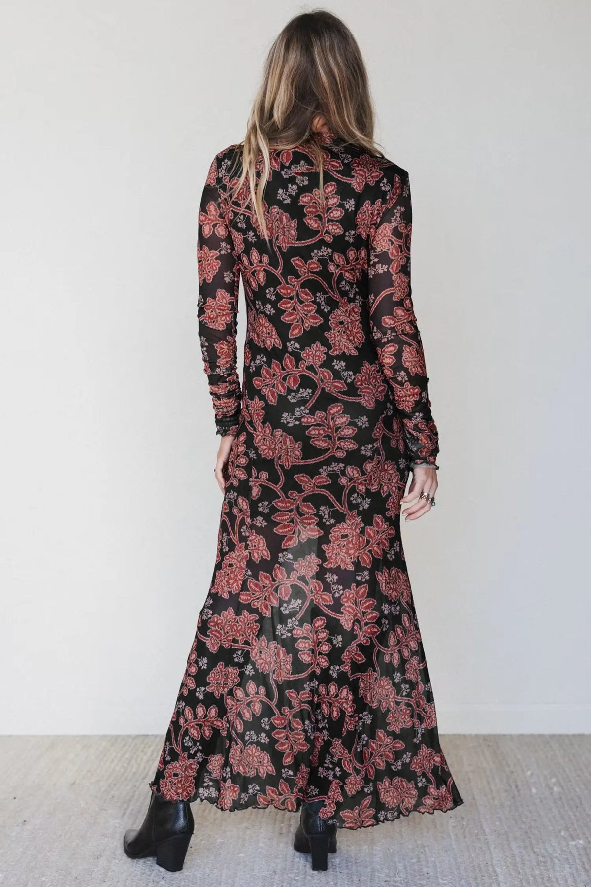 Retro Floral Print Long Sleeve Casual Mesh Dress – Black