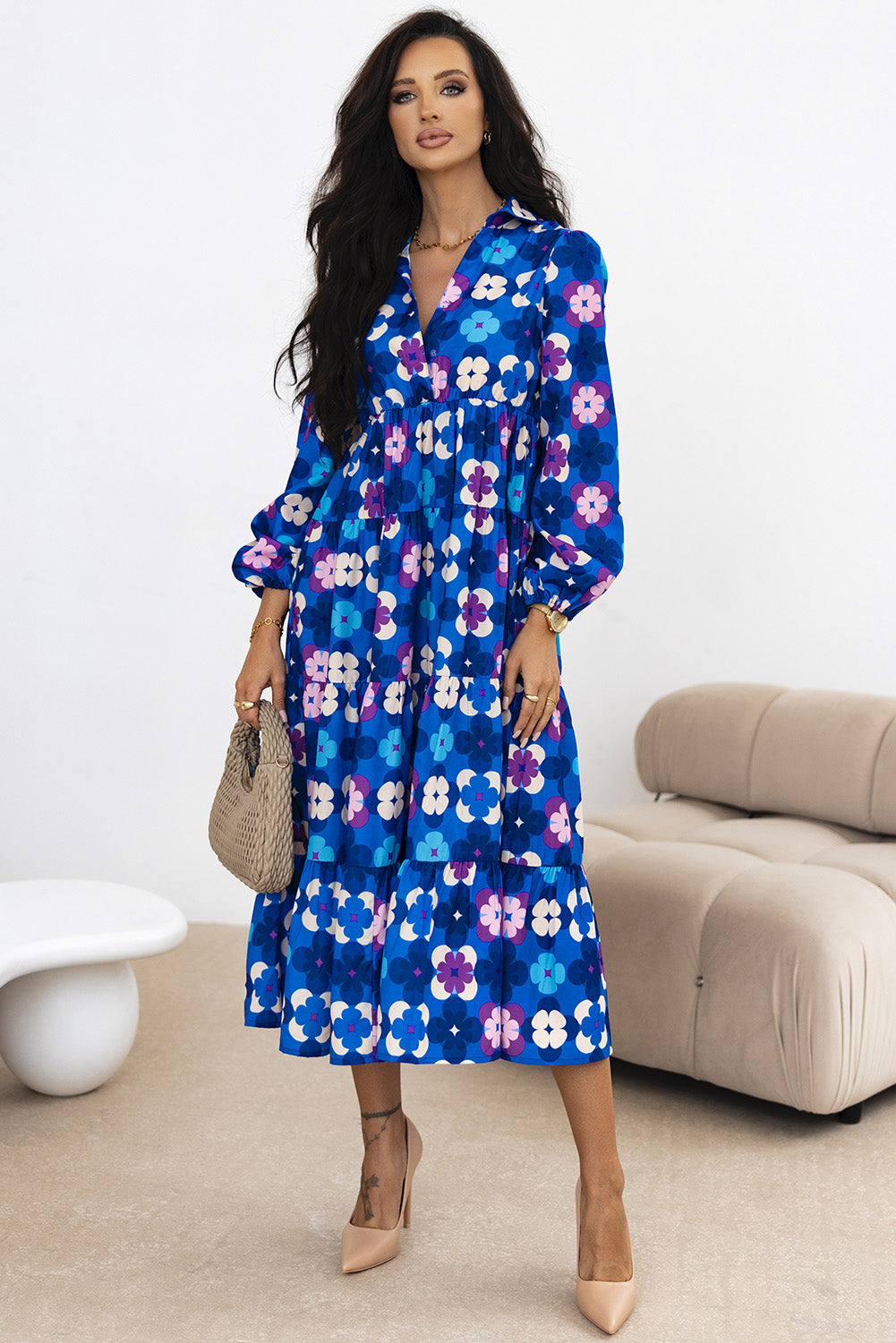 Blue Floral Peasant Sleeve Tiered Ruffle Midi Dress eAura