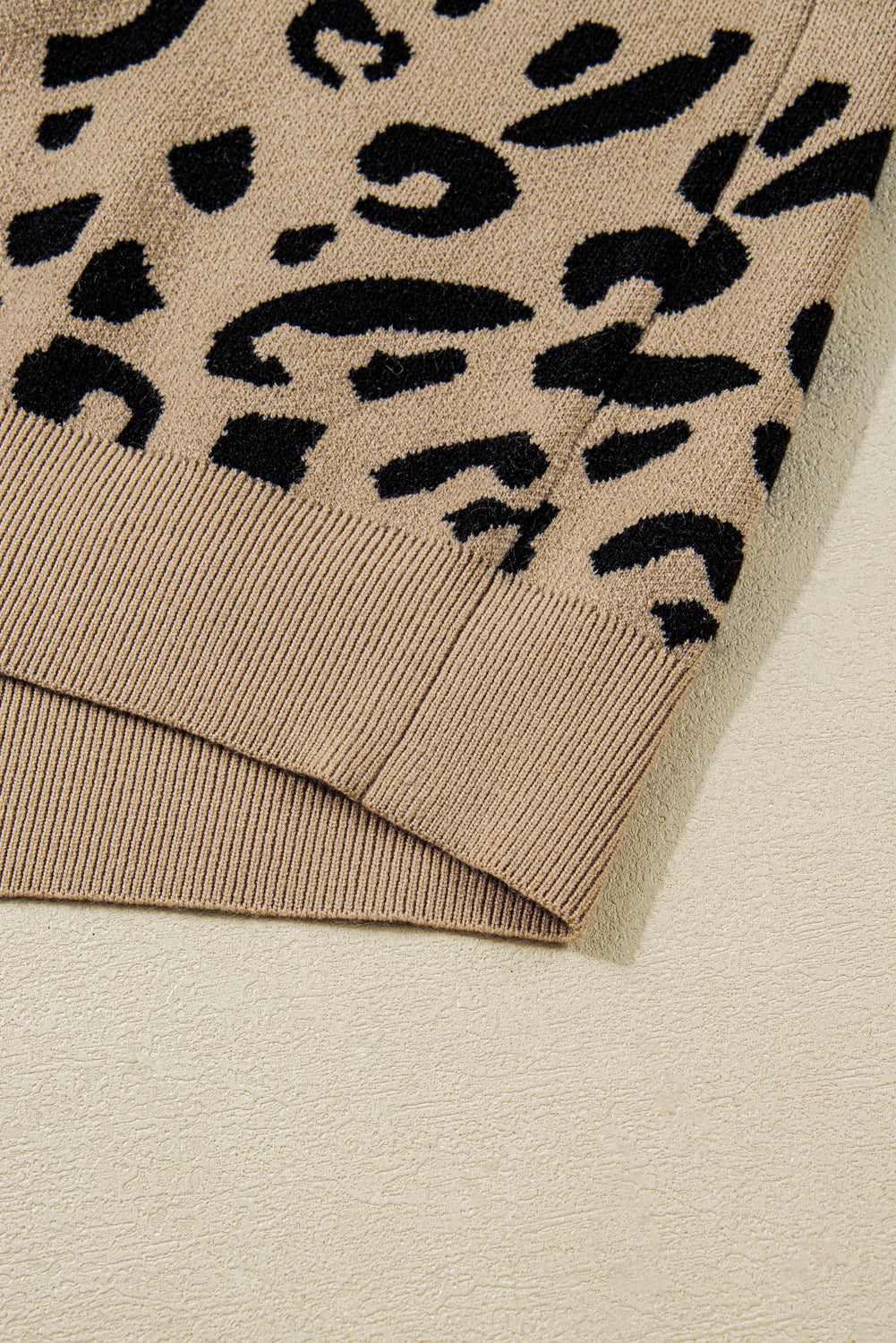 Brown Leopard Knit Lacy Trim Cuffed Plus Size Sweater - eAura