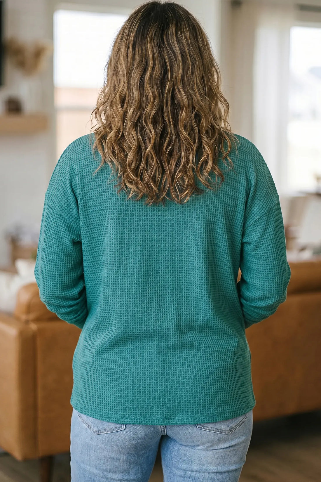 V Neck Waffle Textured Button Front Tunic Long Sleeve Plus Size Cardigan – Lapis