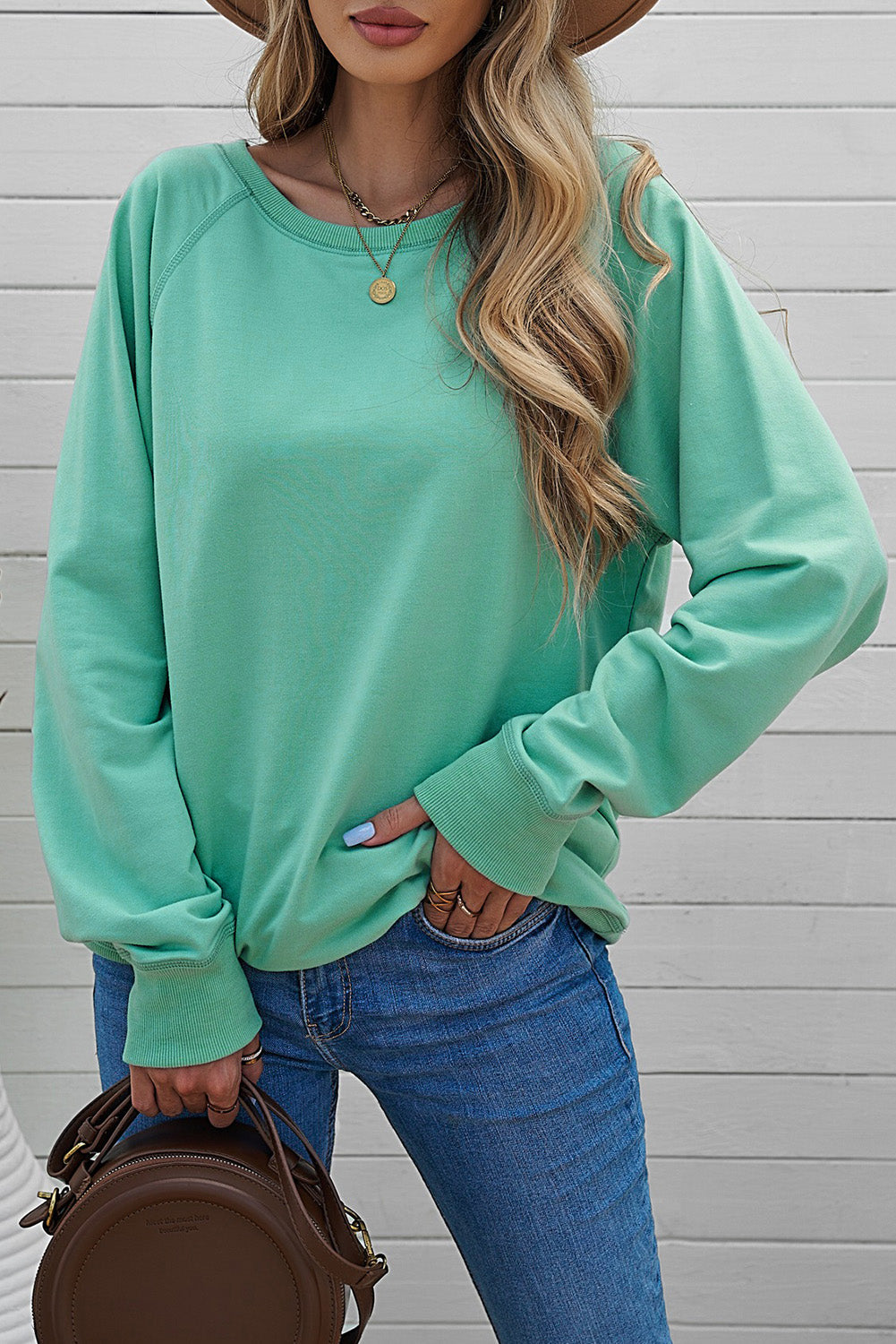 Green French Terry Cotton Blend Pullover Sweatshirt eAura
