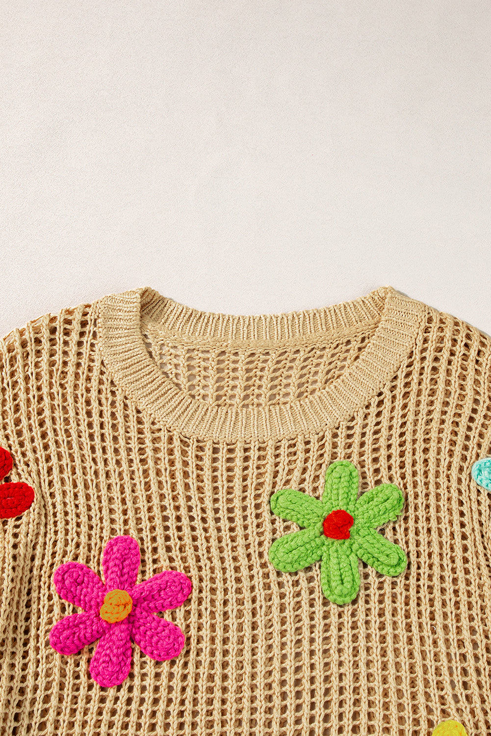Light French Beige Crochet Flower Hollow-out Sweater eAura