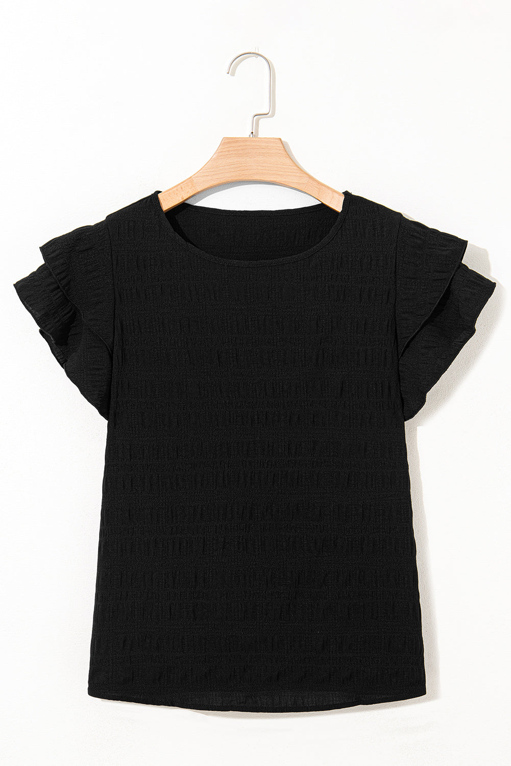 Black Textured Ruffled Sleeve Round Neck Top eAura