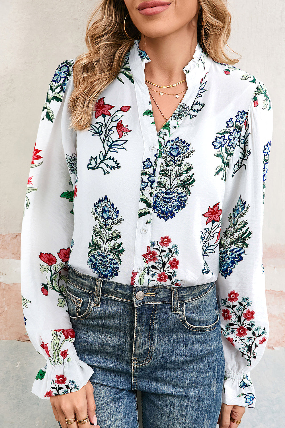 White Floral Print Frilled Collar V-Neck Long Sleeve Shirt - eAura