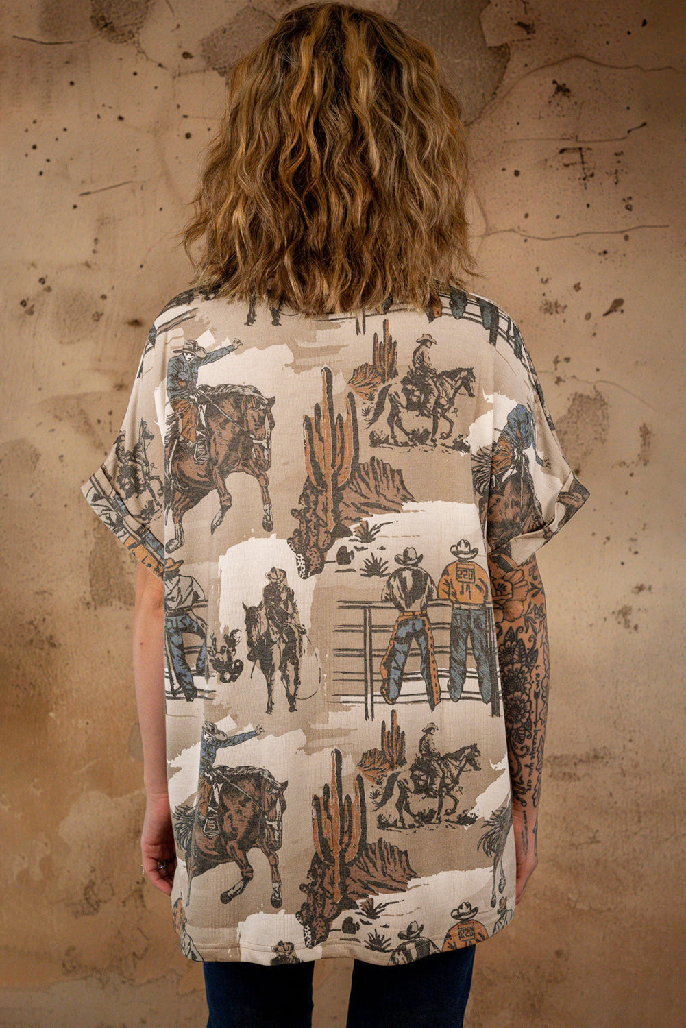 Khaki Western Cowboy Print Cuffed Sleeve Crewneck T Shirt eAura