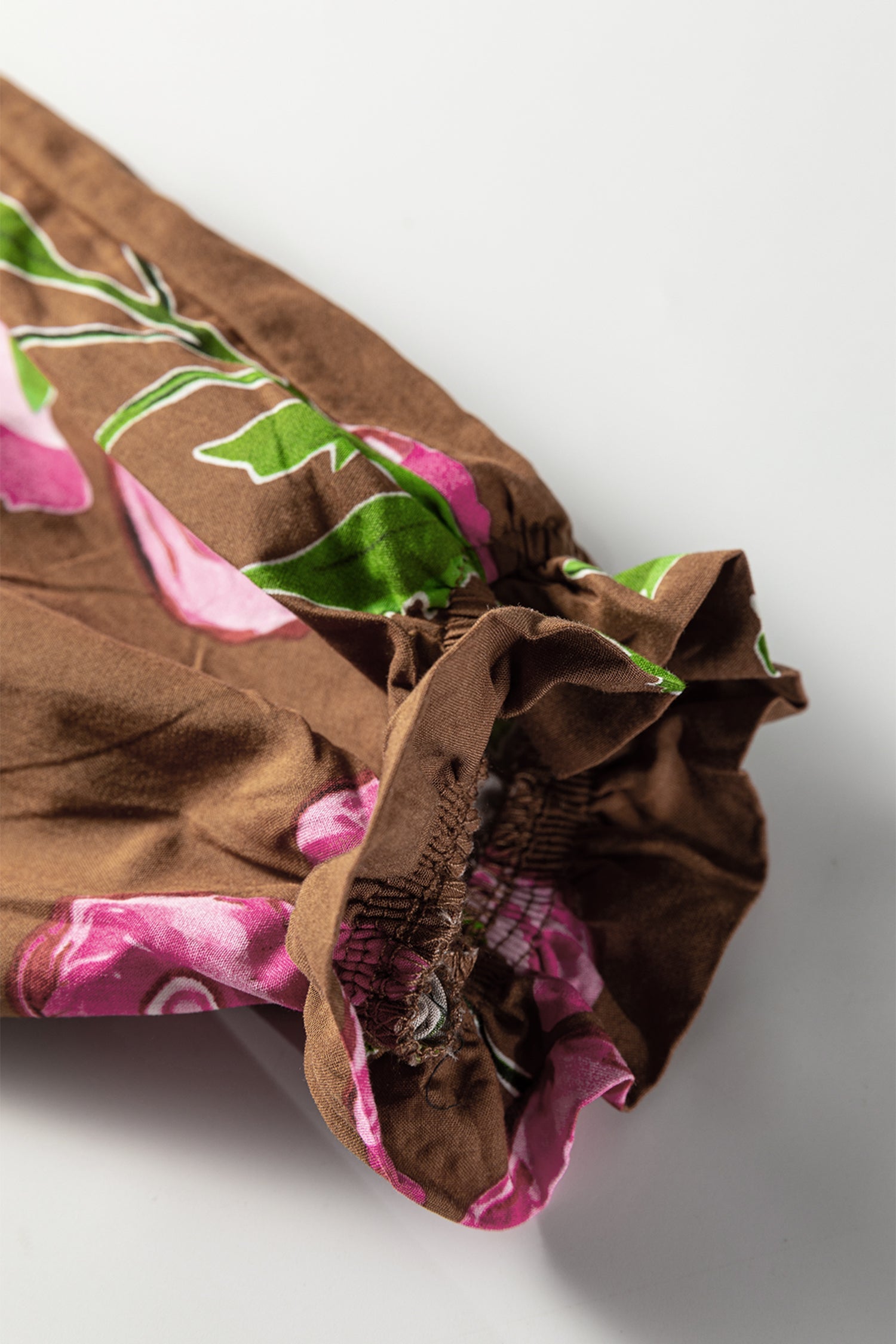 Brown Contrast Floral Print Babydoll Tunic Ruffled Hem Puff Sleeve Dress - Dresses/Floral Dresses