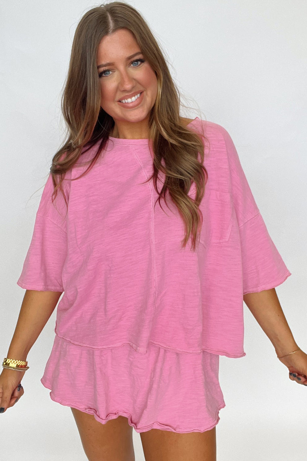 Pink Loose Fit Half Sleeve T Shirt and Skirt Set eAura