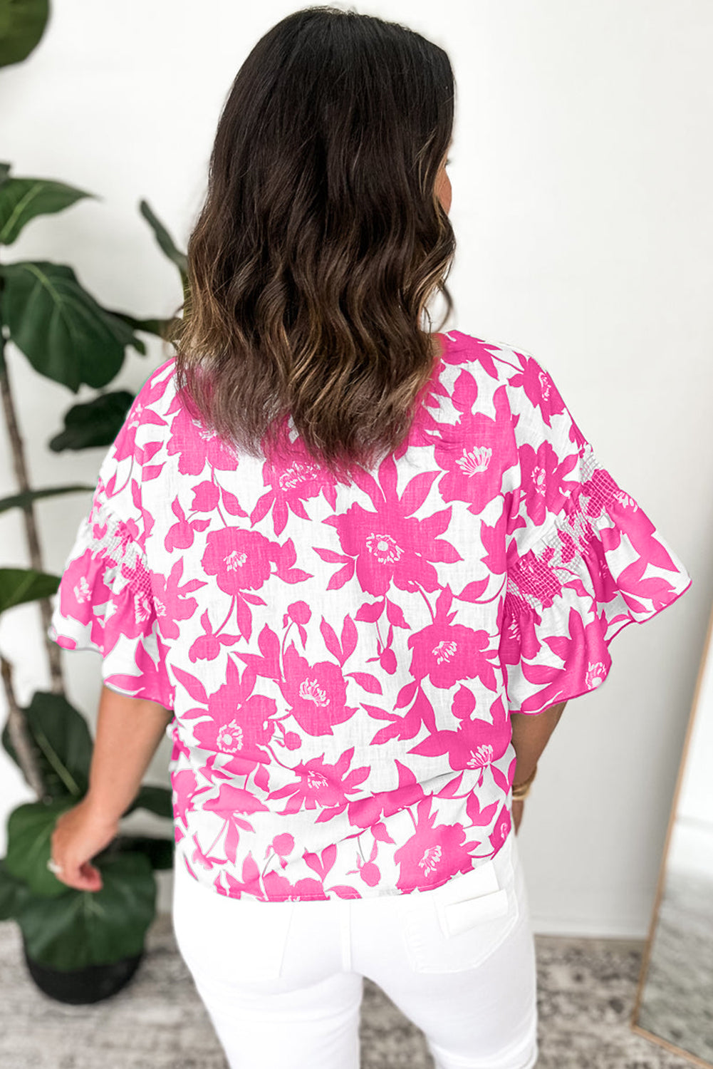 Pink Floral Printed Ruffled Short Sleeve Round Neck Loose Blouse eAura