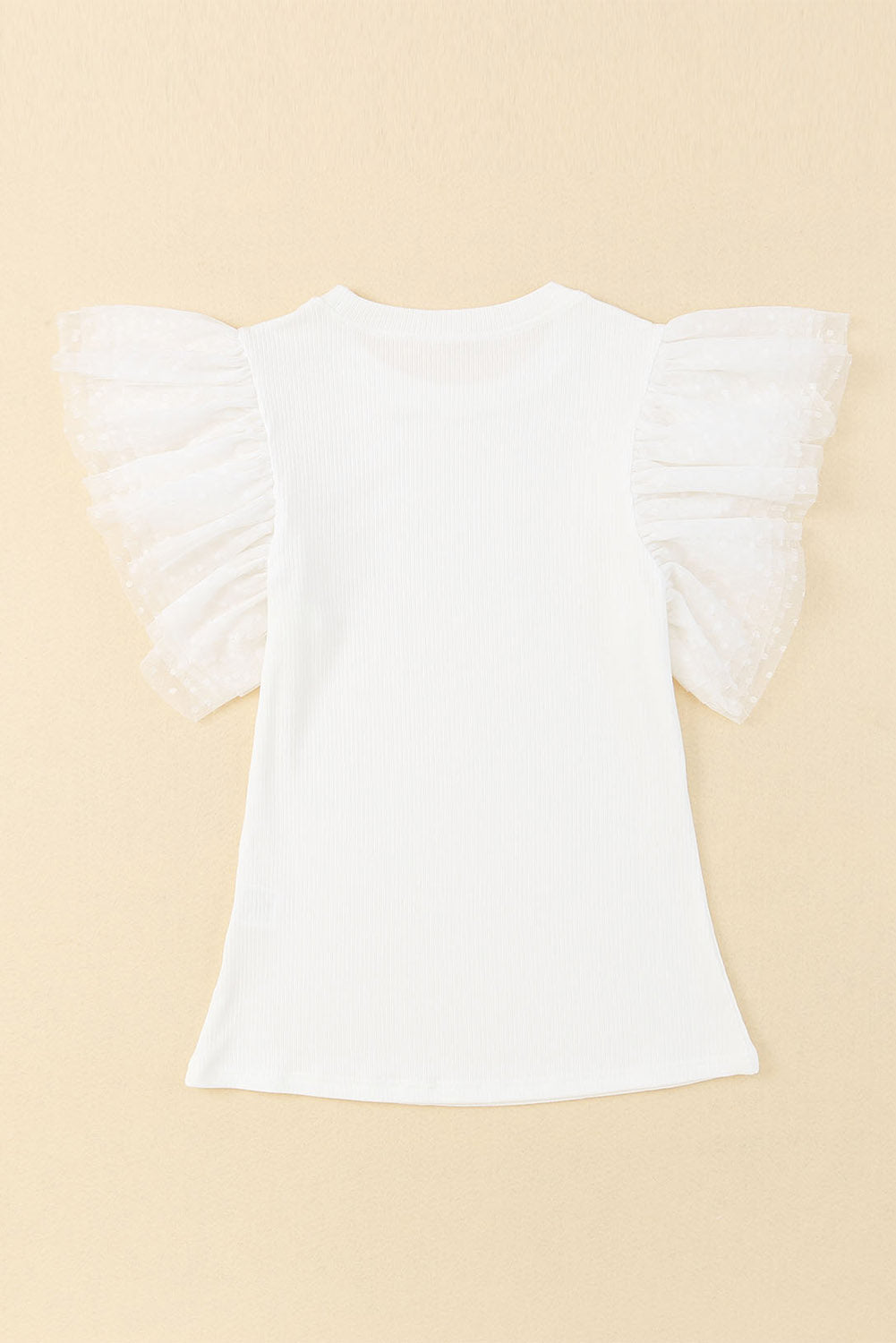 Dotted Mesh Ruffle Sleeve Rib Knit Top - eAura