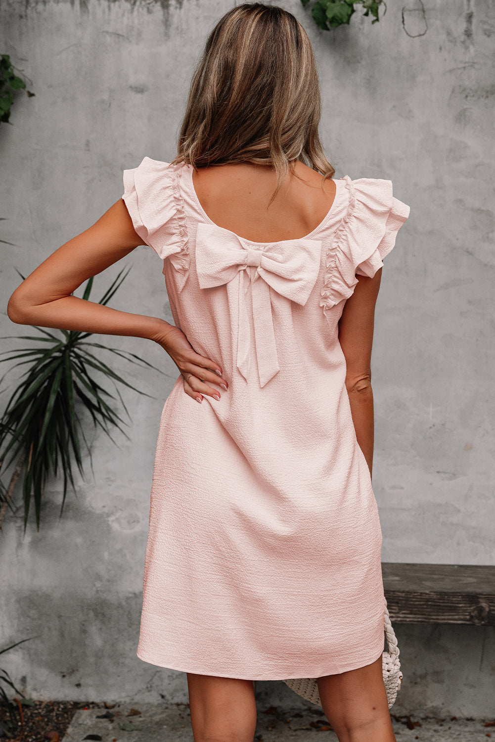 Light Pink Textured Flutter Sleeve Square Neck Bow Back Mini Dress eAura