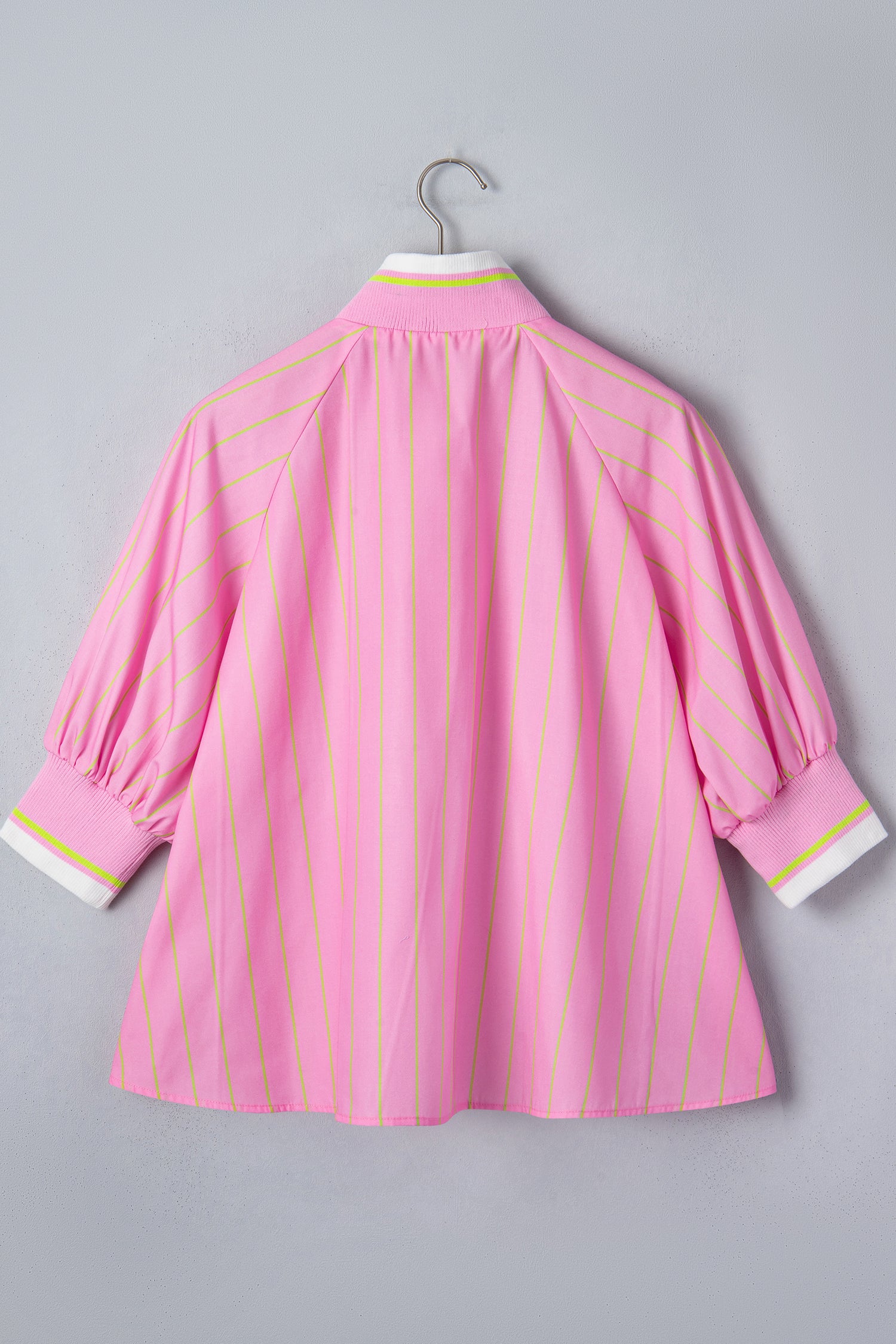 Striped V-Neck Half Sleeve Zipper Ribbed Cuff Casual Shift Blouse – Pink Stripe