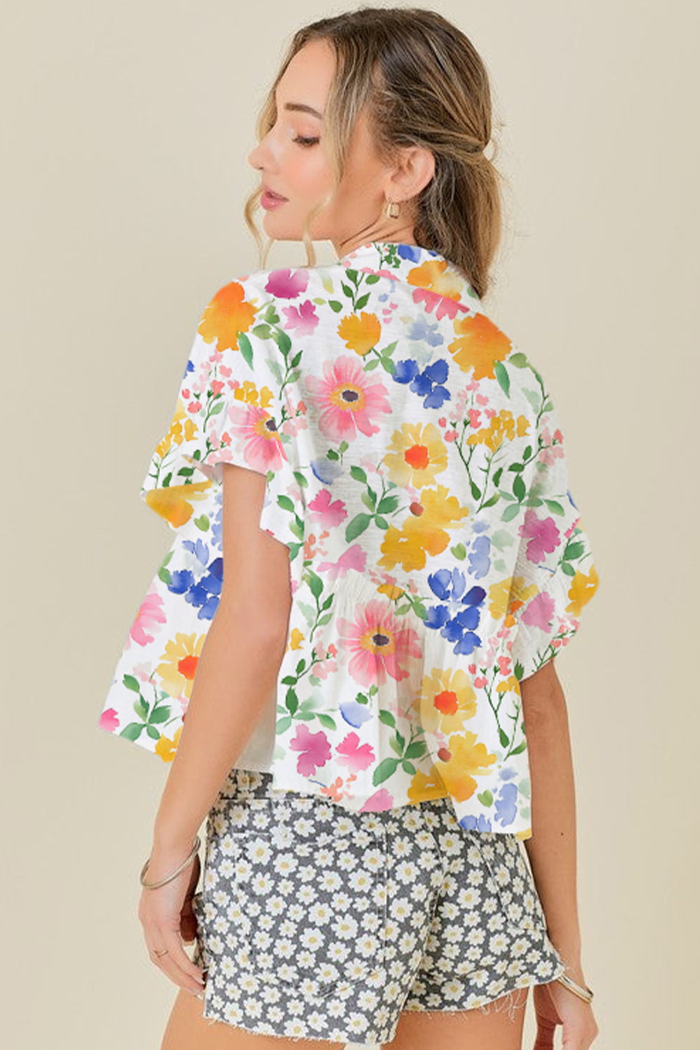 Yellow Floral Boxy Fit Ruffled Short Sleeve V Neck Blouse eAura