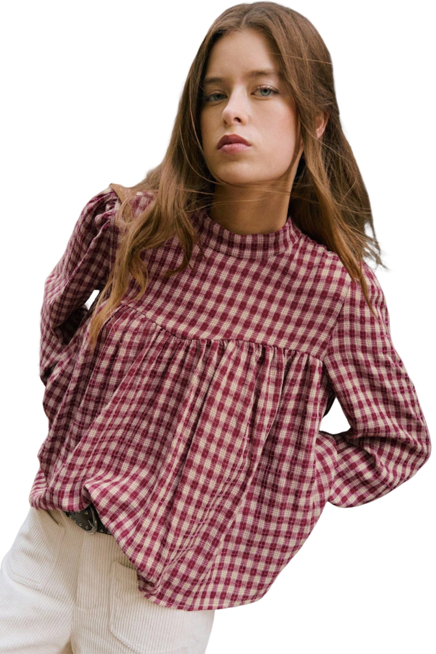 Country Plaid Long Sleeve Button Keyhole Pleated Loose Blouse – Coral