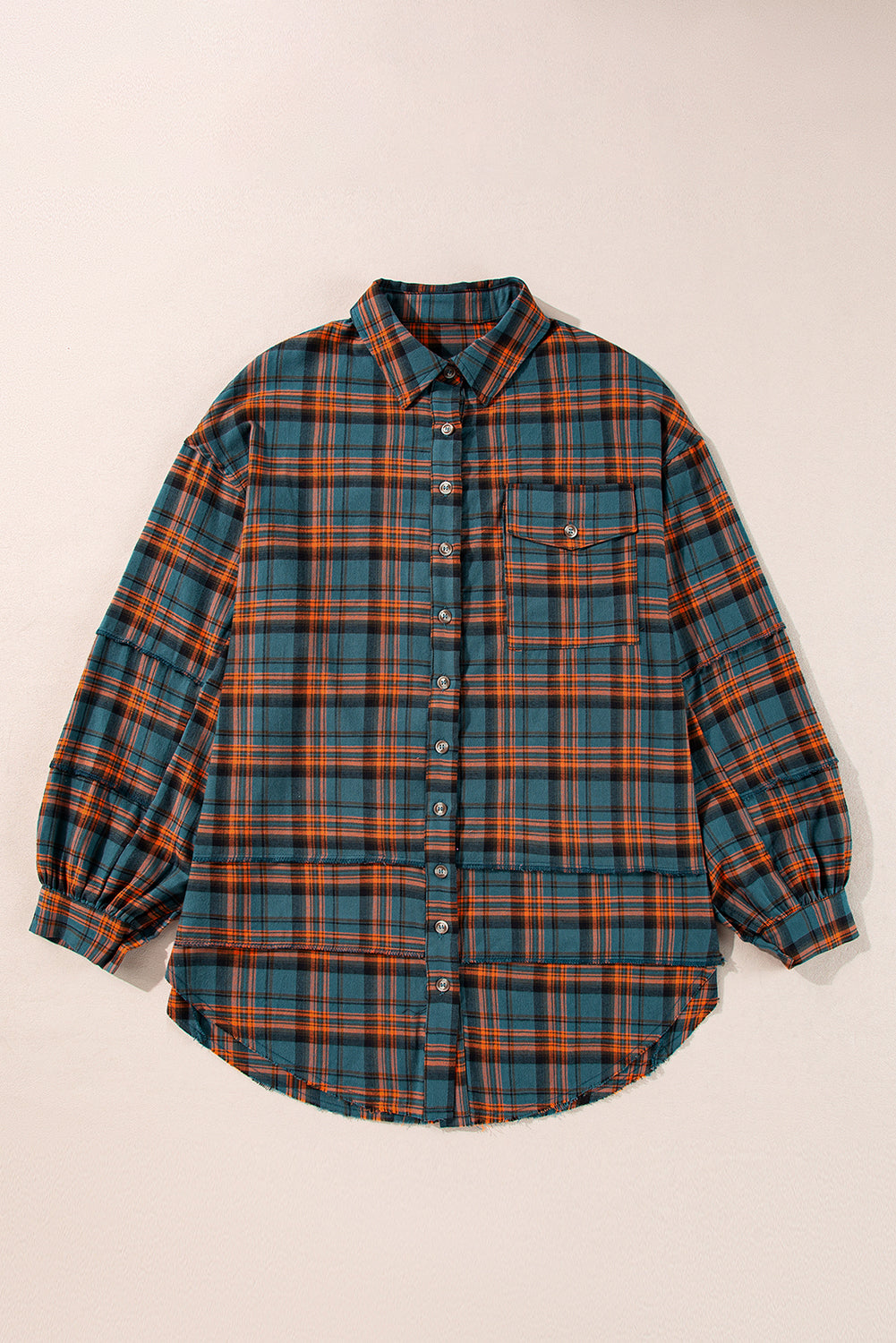 Green Plaid Long Sleeeve Side Split Distressed Hem Shirt eAura