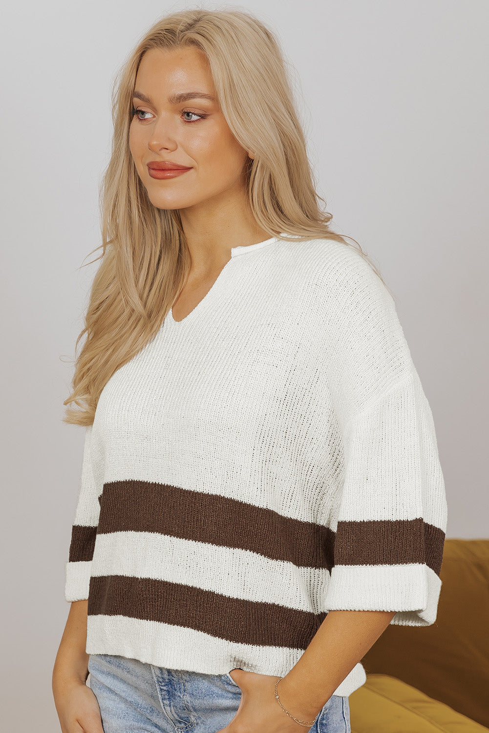 Brown Striped Accent Notched V Neck Cropped Sweater BB Fashion Outlet