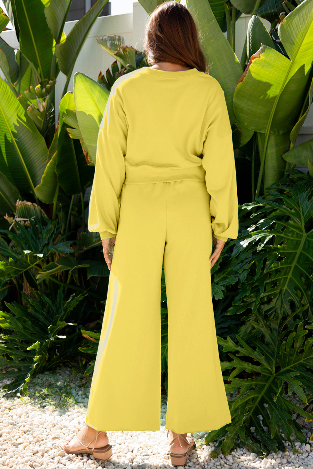 Drop Shoulder Puff Sleeve Crop Pullover and Drawstring Wide Leg Trousers Co-ord Set eAura