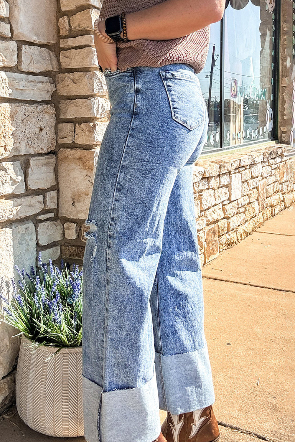 Ashleigh Blue Mineral Wash Bottom Cuff Distressed Wide Leg Jeans eAura