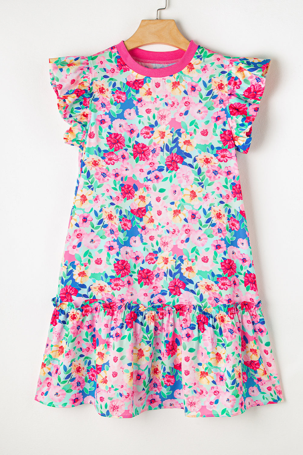 Multicolour Floral Print Flutter Sleeve Ruffled Mini Dress eAura