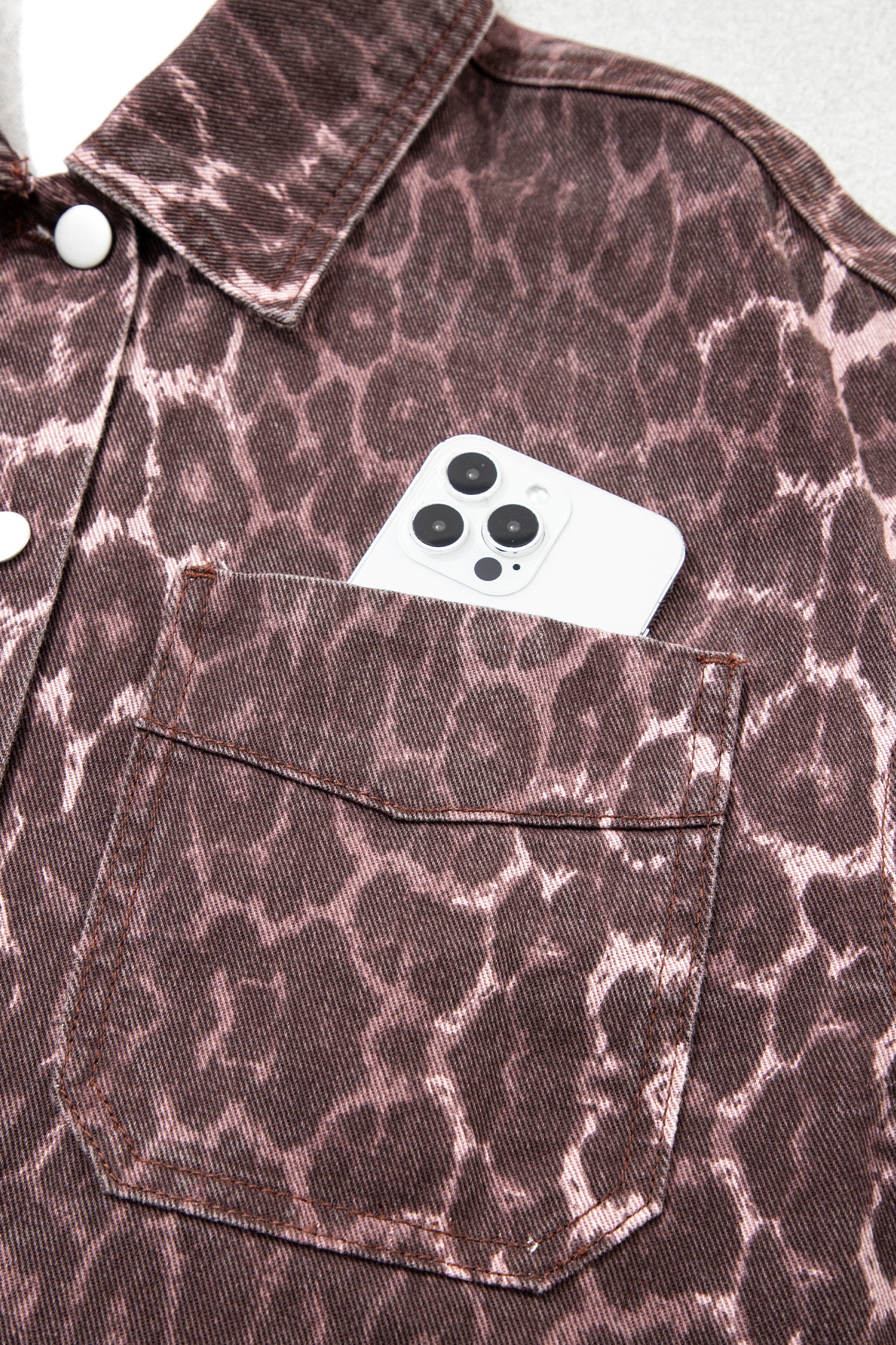 Khaki Oversized Leopard Print Long Sleeve Patch Pocket Denim Jacket
