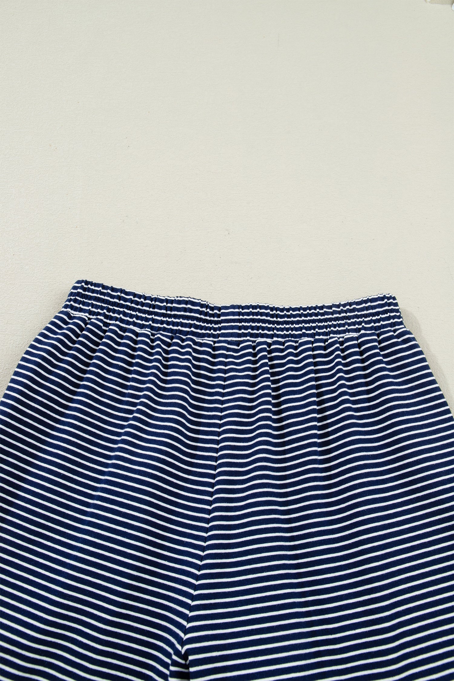 Stripe Drop Shoulder Long Sleeve Tee and Buttoned Shorts Pyjama Set - Loungewear & Sleepwear/Pyjama