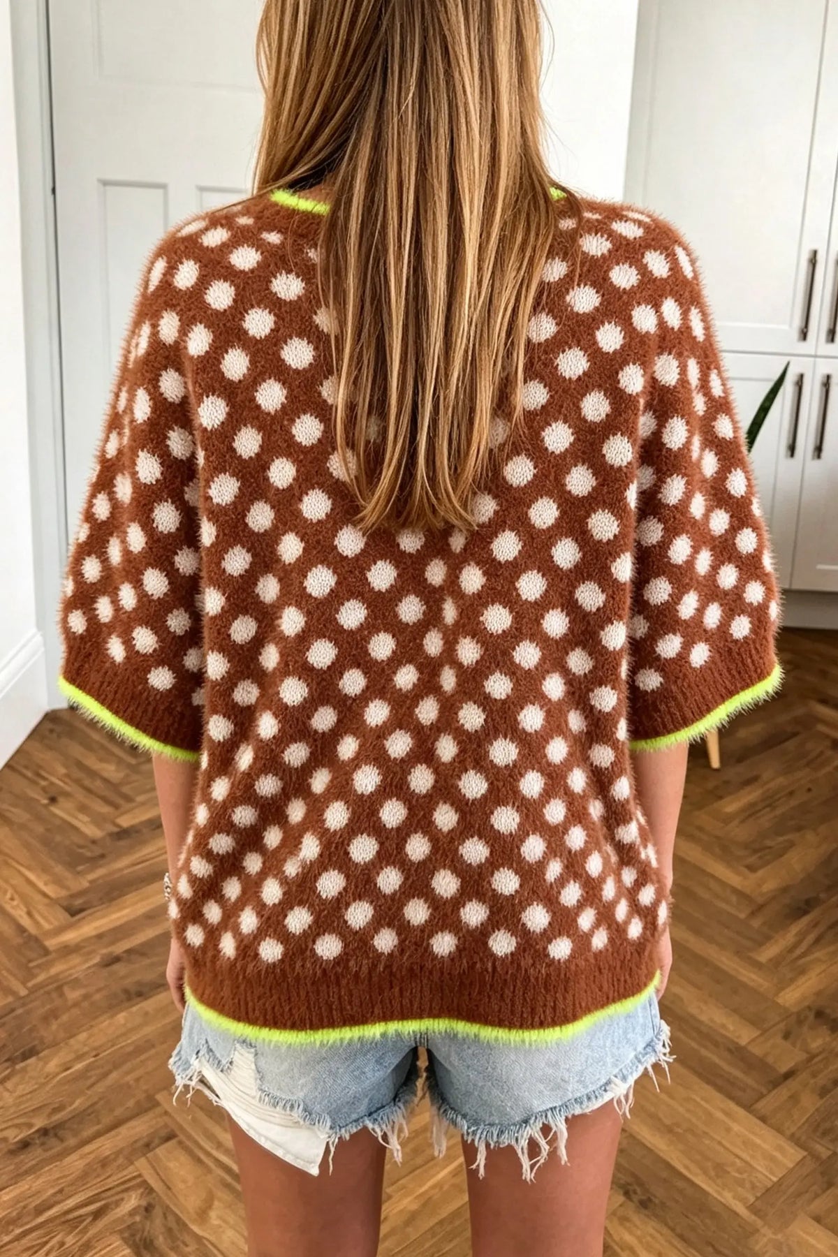 Polka Dot Contrast Trim Round Neck Half Sleeve Sweater