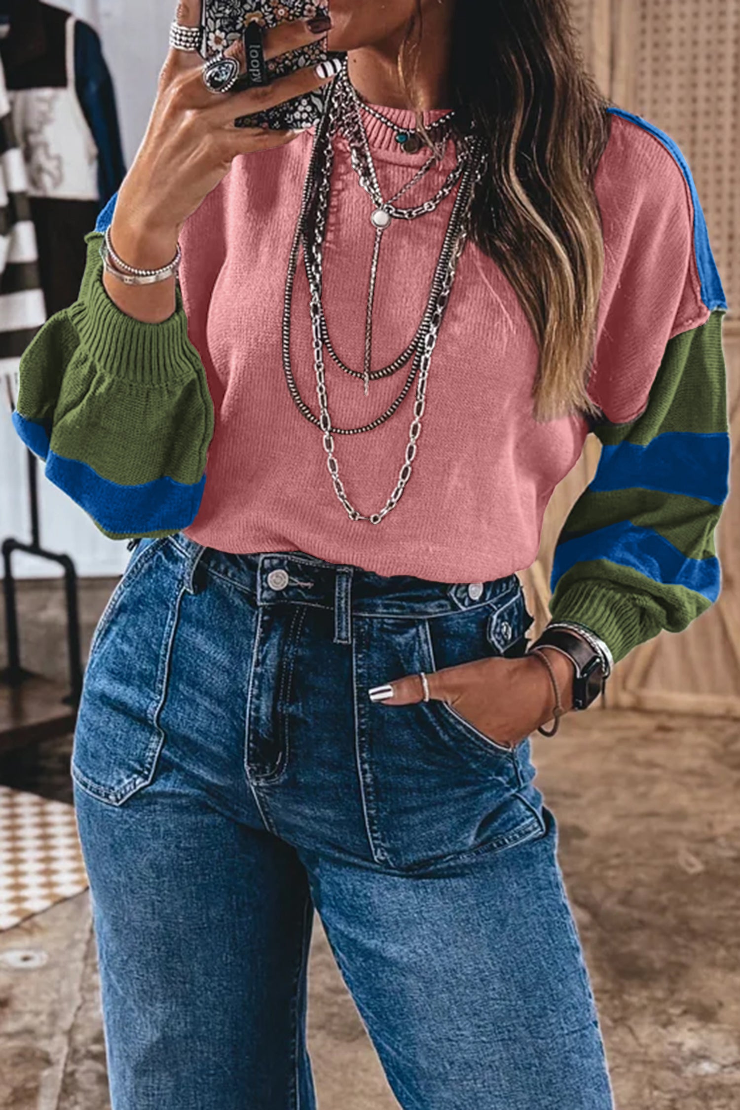 Western Colorblock Patchwork Striped Long Sleeve Pullover Sweater – Multicolour
