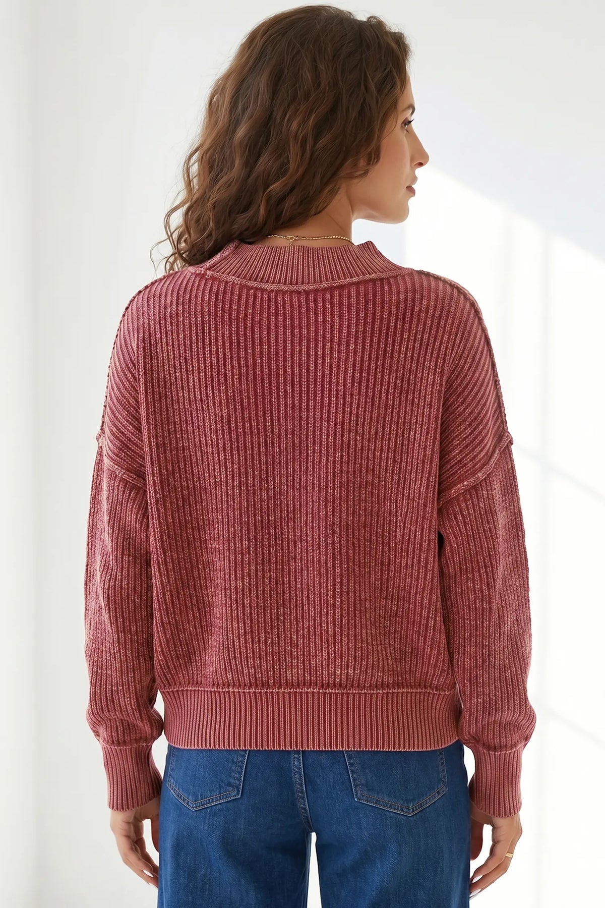 Red Dahlia Drop Shoulder High Neck Ribbed Sweater – Burgundy
