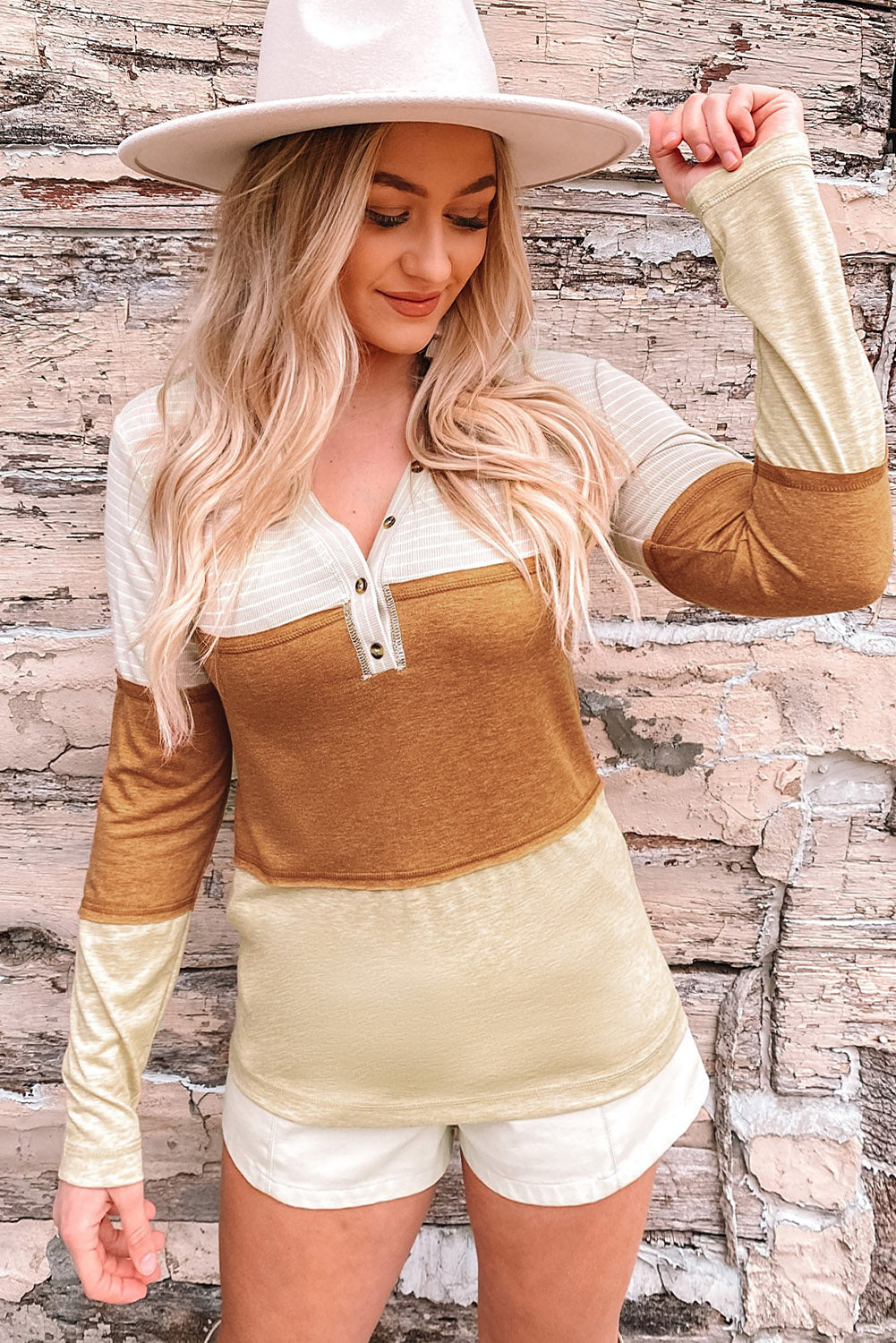 Orange Striped Colour Block Henley Top eAura