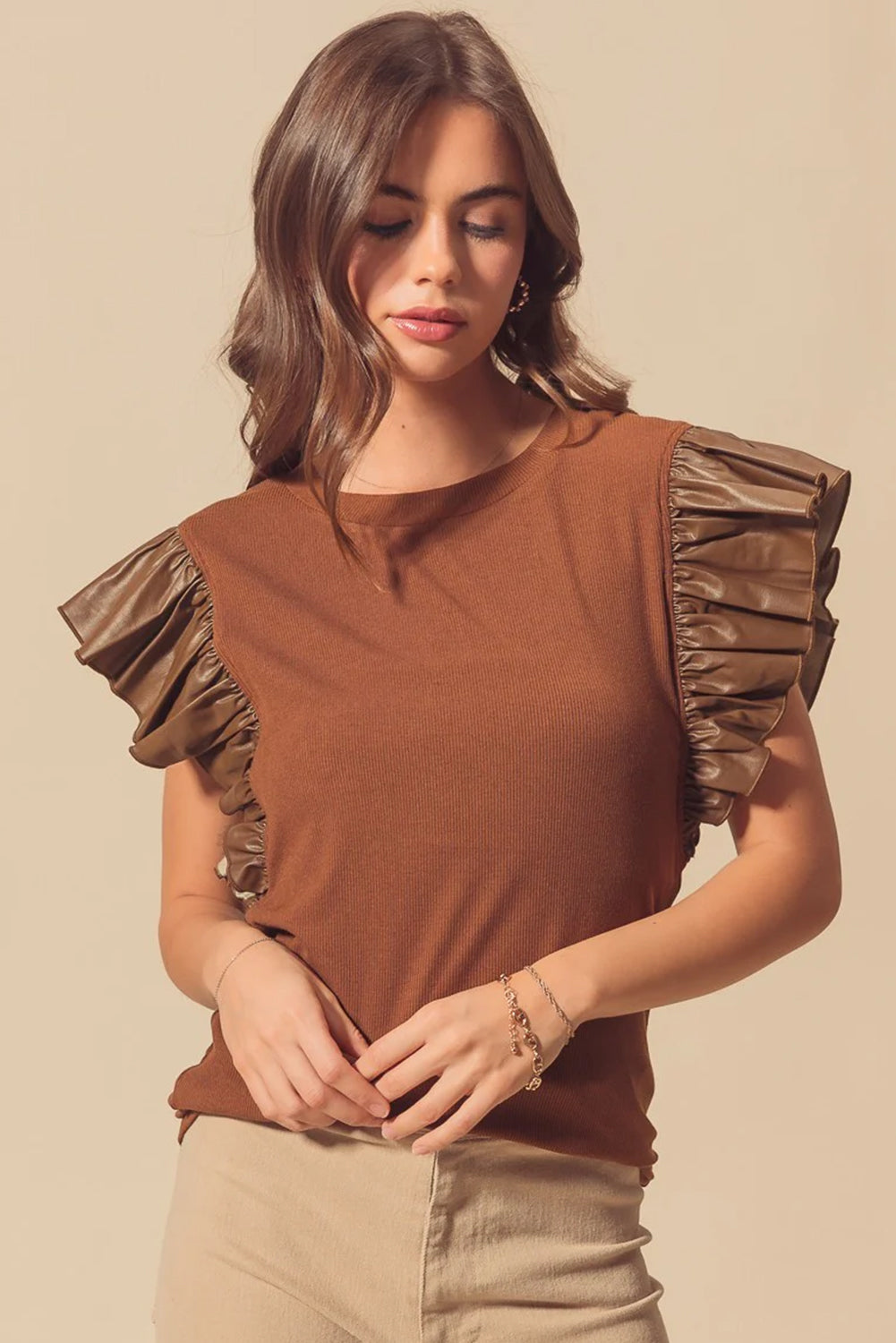 Cinnamon Leather Ruffle Sleeve Patchwork Round Neck Blouse eAura