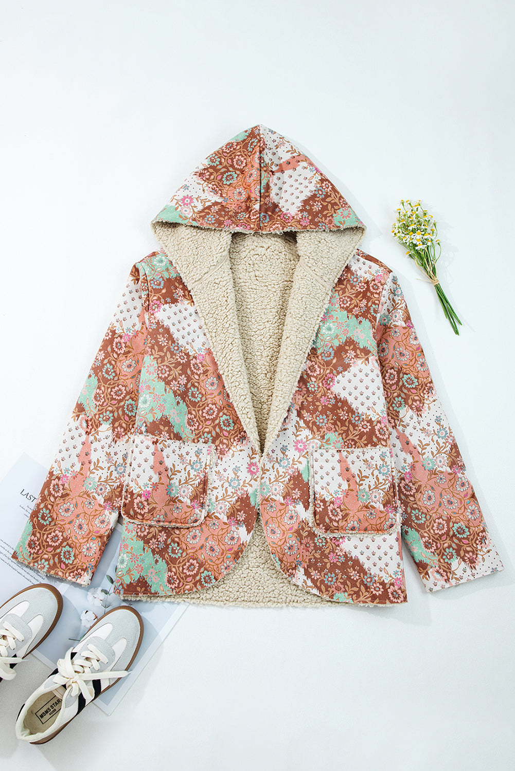 Floral Printed Sherpa Lined Hooded Jacket eAura