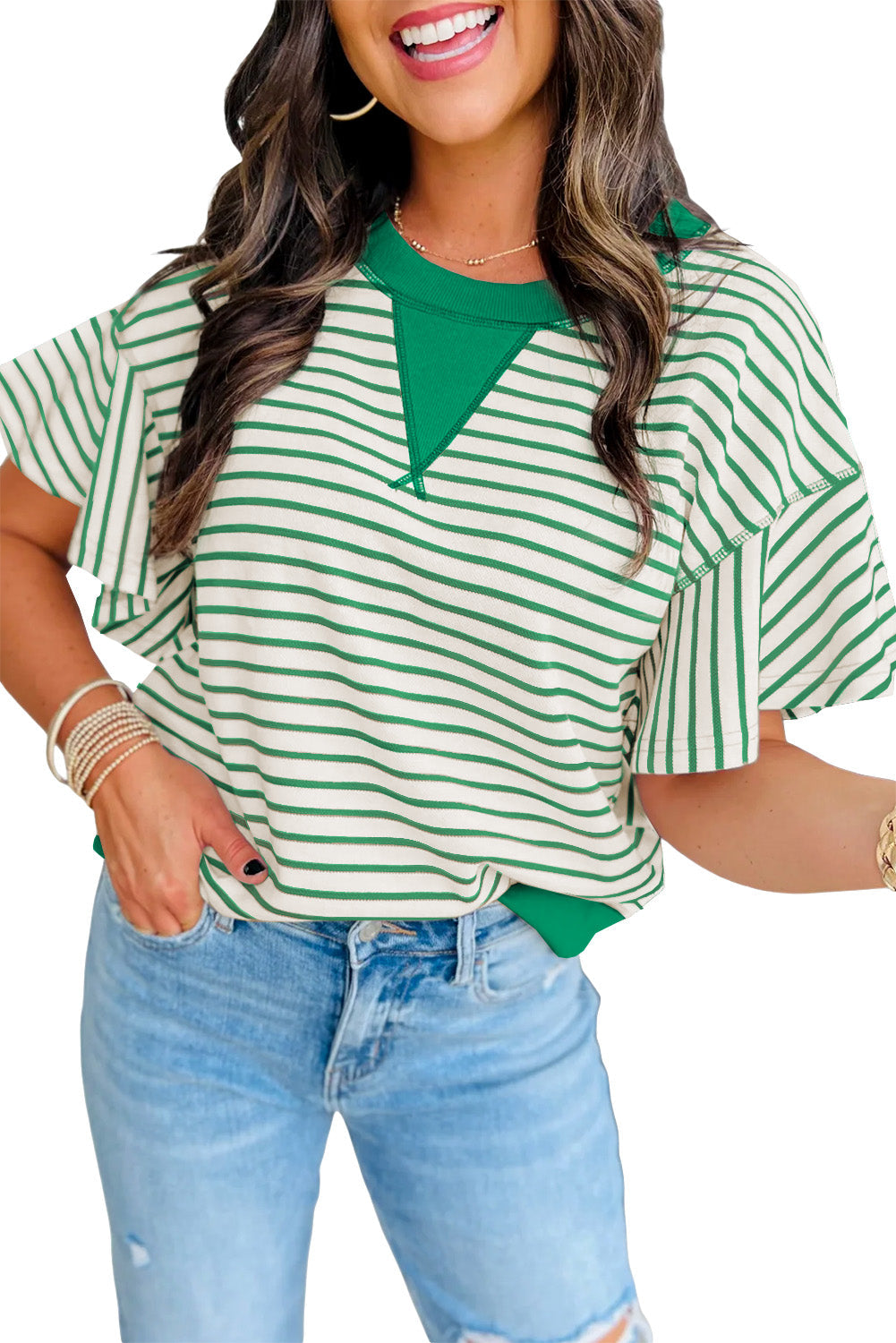 Contrast Detail Striped Ruffle Short Sleeve Top eAura