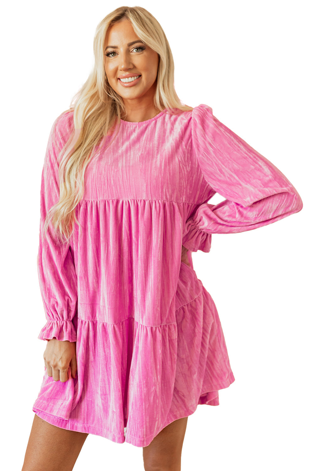 Strawberry Pink Flounce Sleeve Tiered Ruffled Velvet Mini Dress eAura