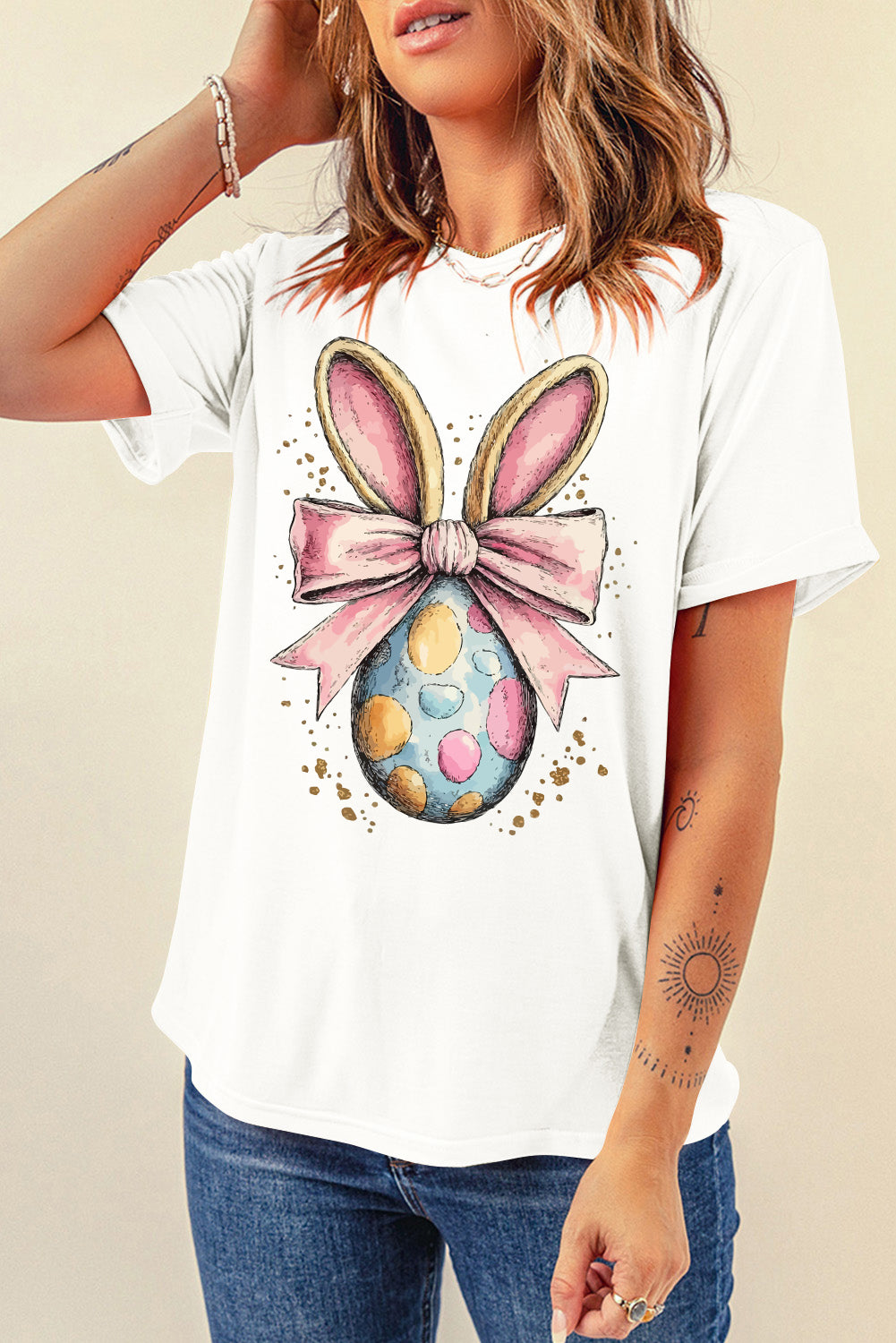 White Easter Egg Bow Bunny Ear Printed T Shirt eAura