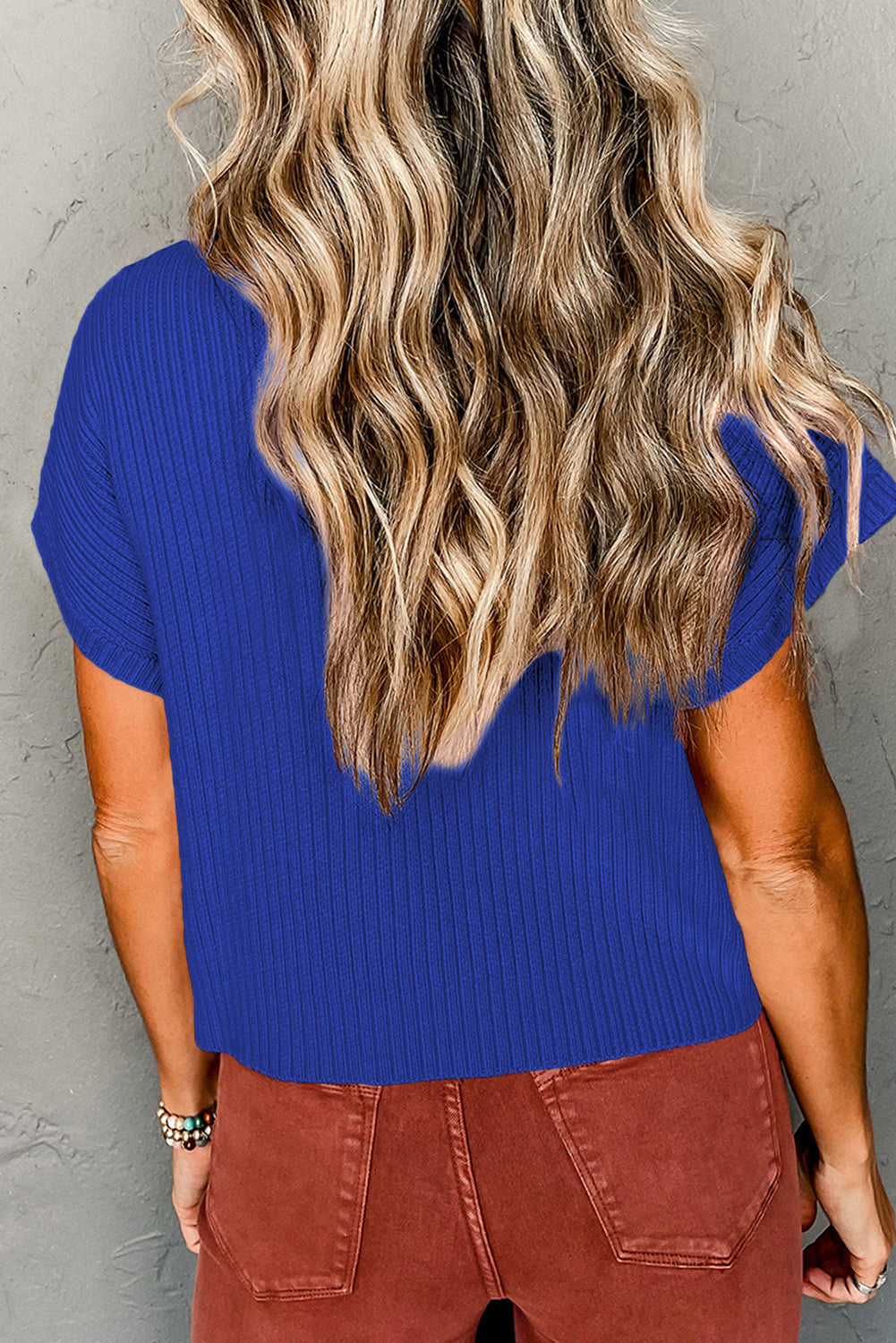 Patch Pocket Ribbed Knit Short Sleeve Sweater eAura