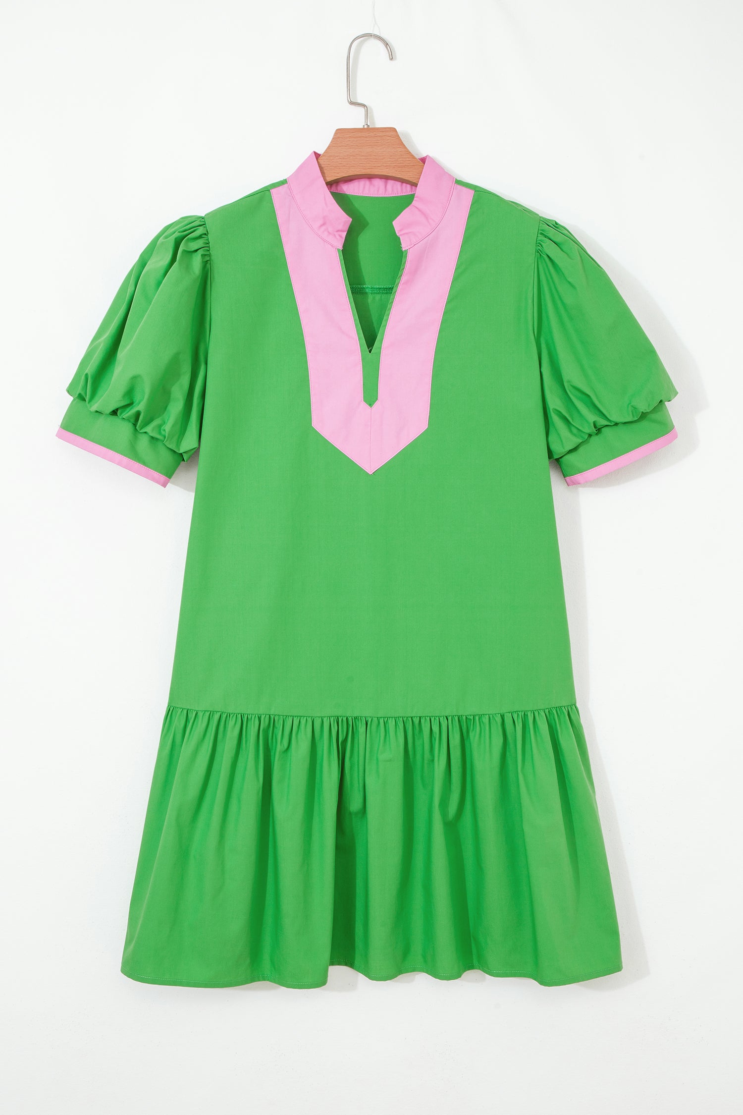 Bright Green Colour Block Detail Split Neck Short Puff Sleeve Ruffle Hem Mini Dress