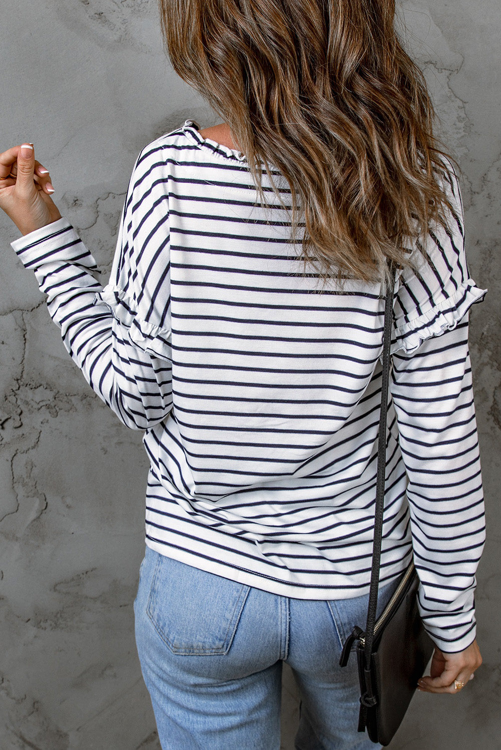 Black Striped Print Ruffled Buttoned Long Sleeve Top eAura
