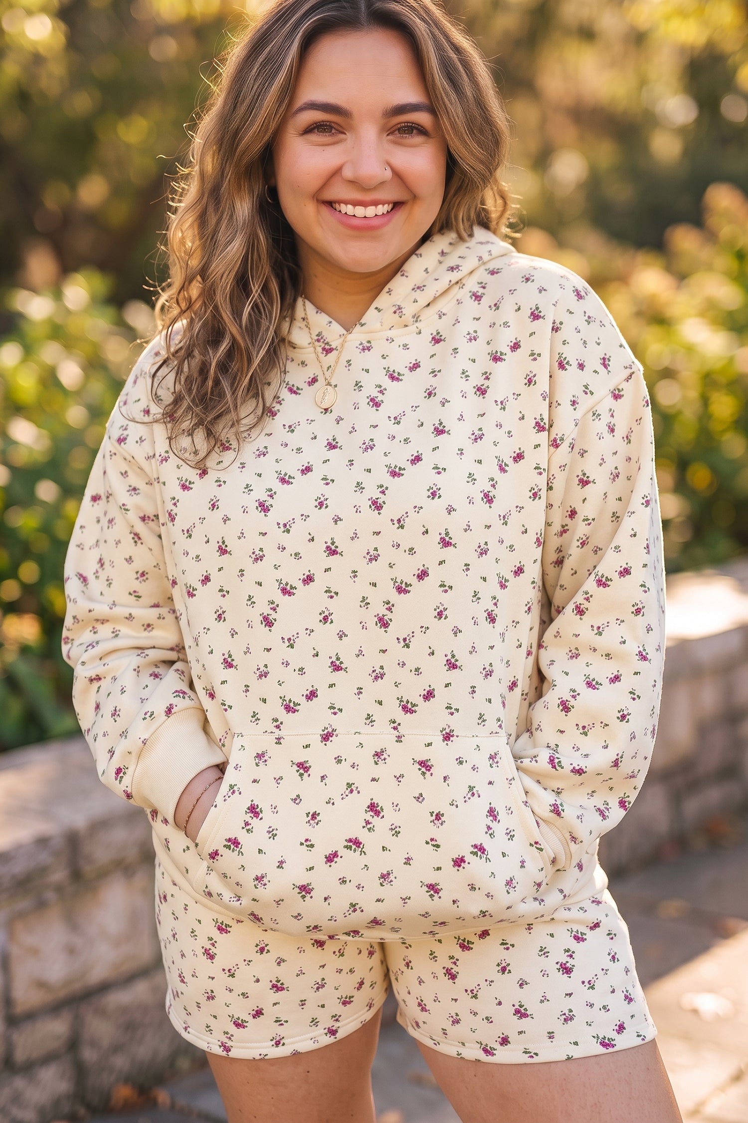 Floral Print Hooded Long Sleeve Plus Size Set – Beige