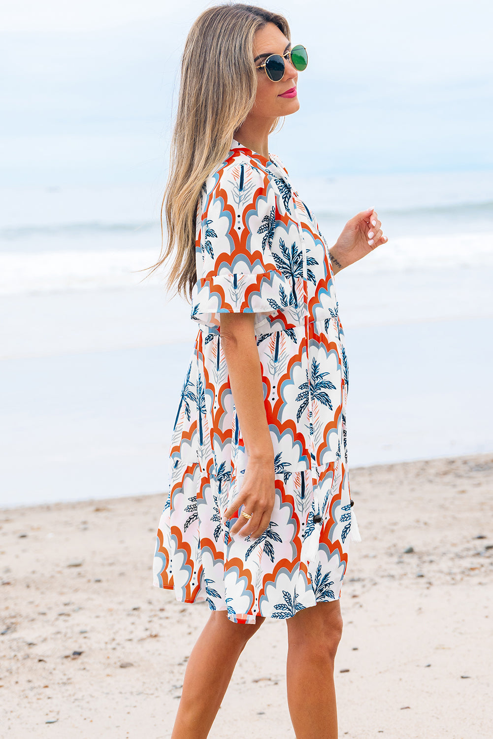 Palm Tree Printed Short Sleeve Flowy Dress - eAura