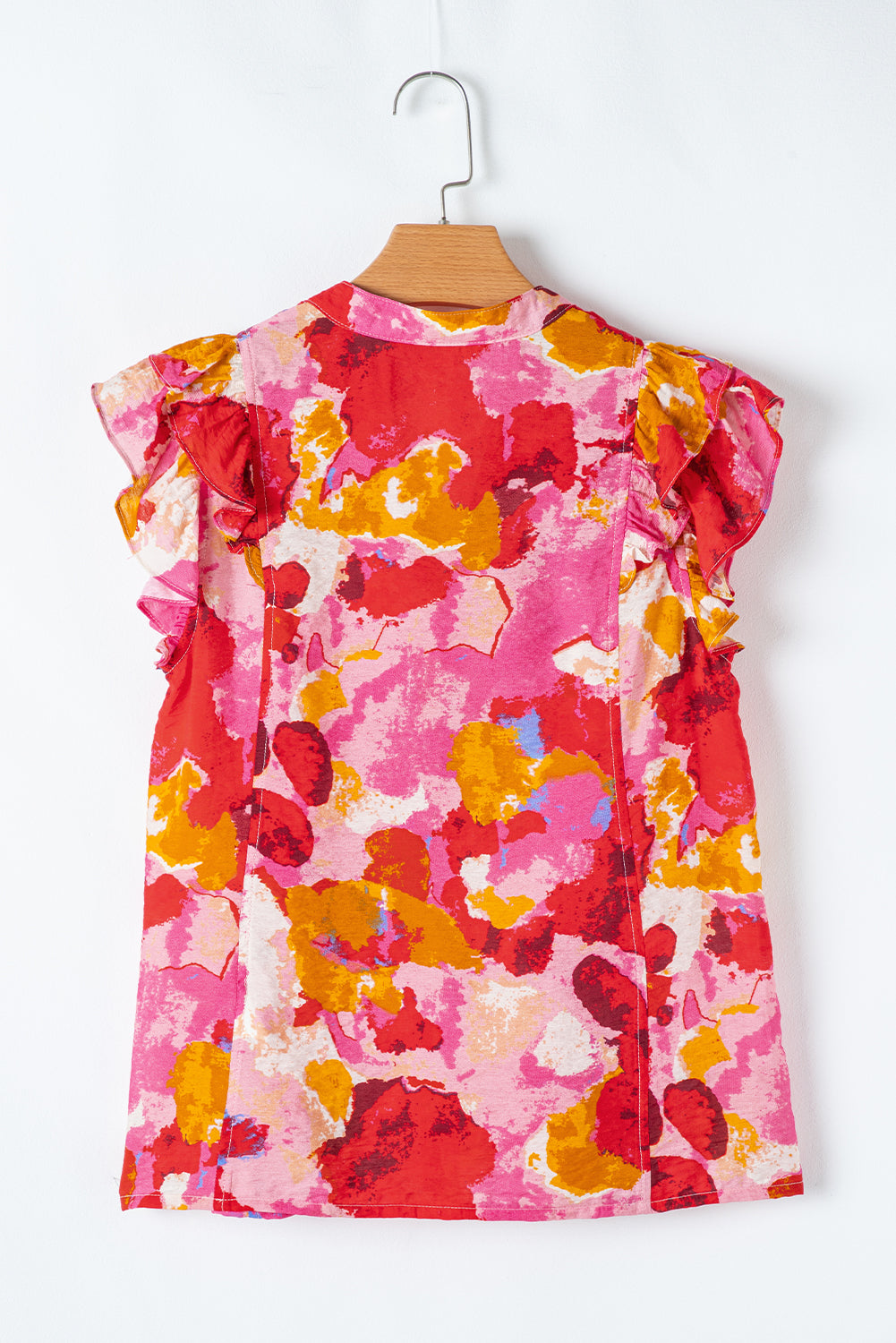 Red Abstract Print Split V Neck Ruffle Short Sleeve Blouse eAura